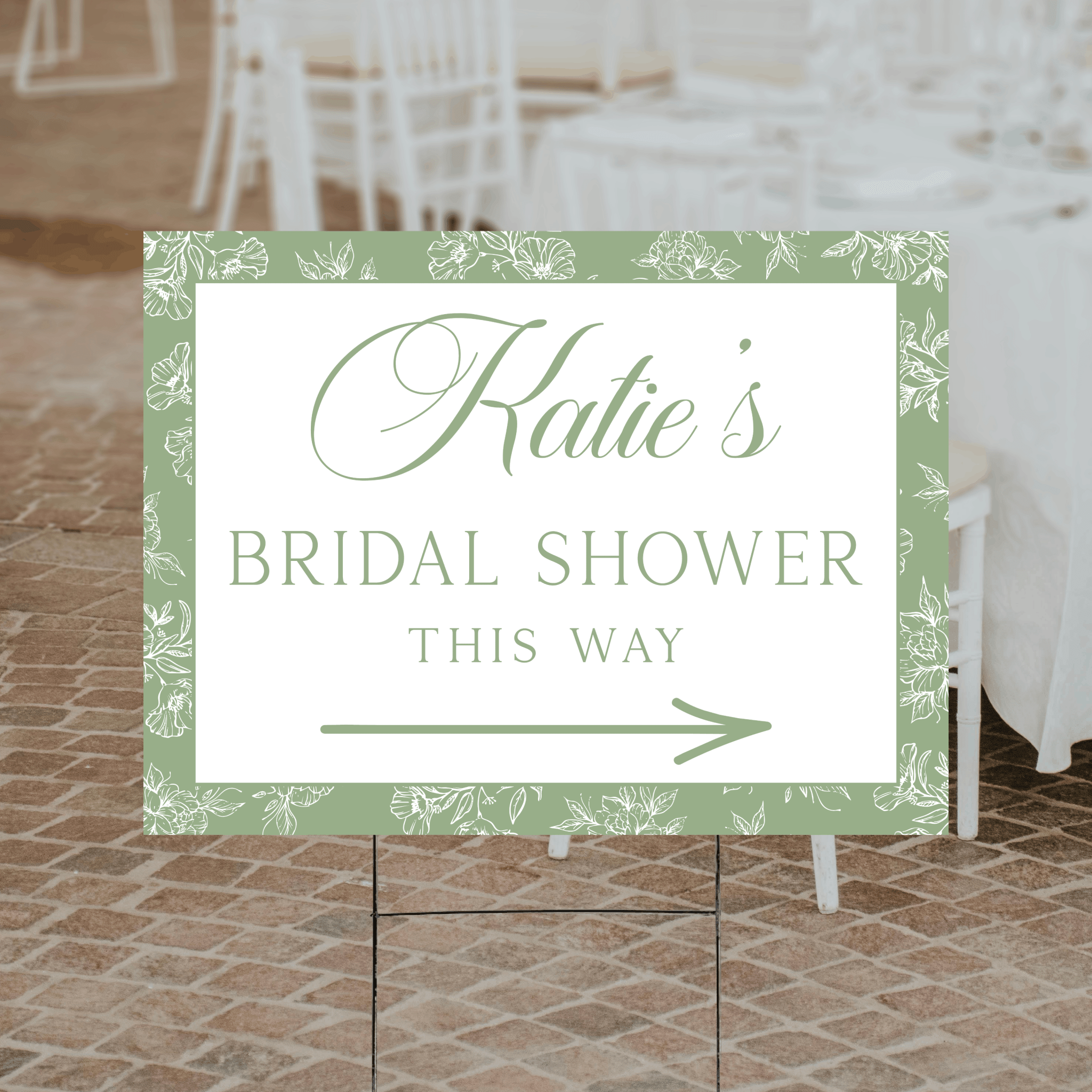 Personalized floral bridal shower directional yard sign with script name, floral border, and arrow