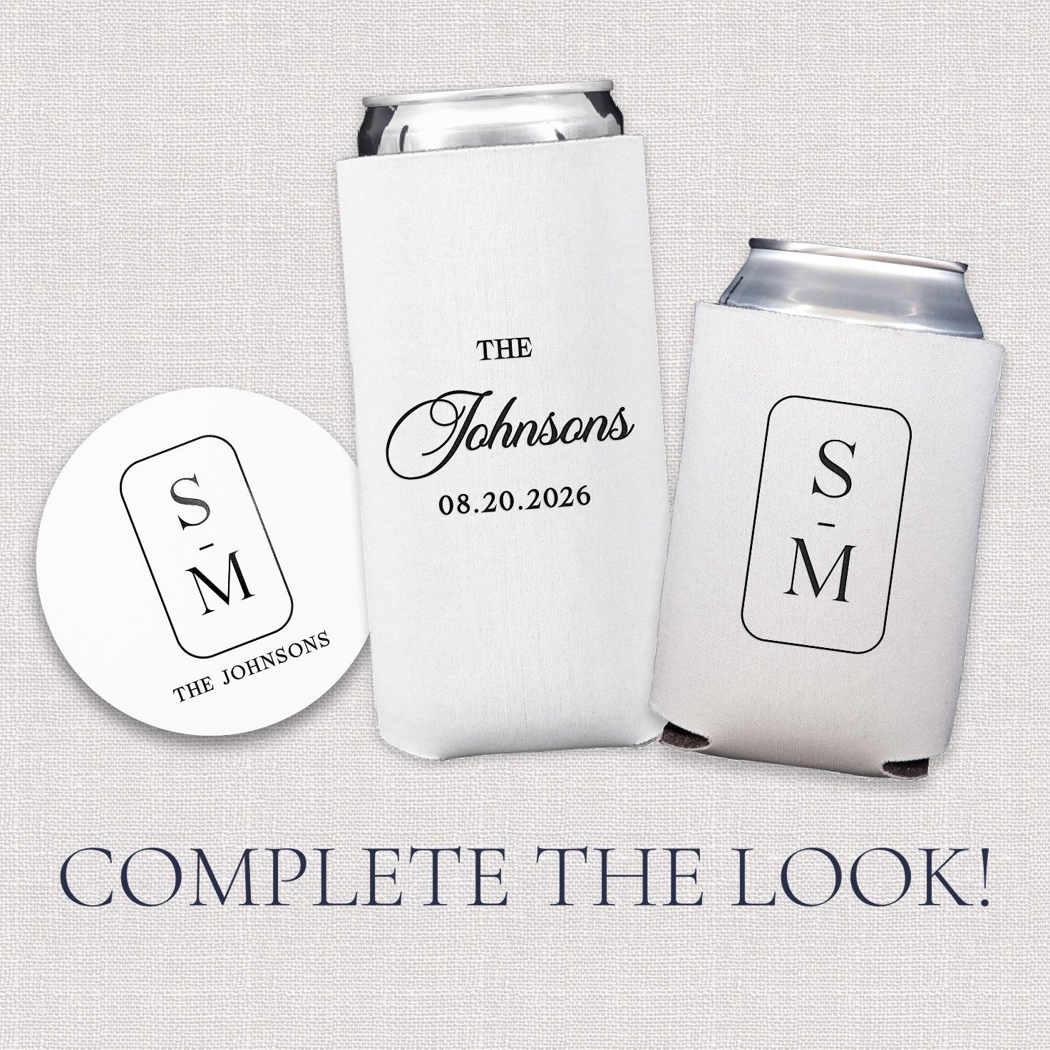 Complete the look upsell graphic showing coordinating modern monogram wedding paper goods and drinkware collection