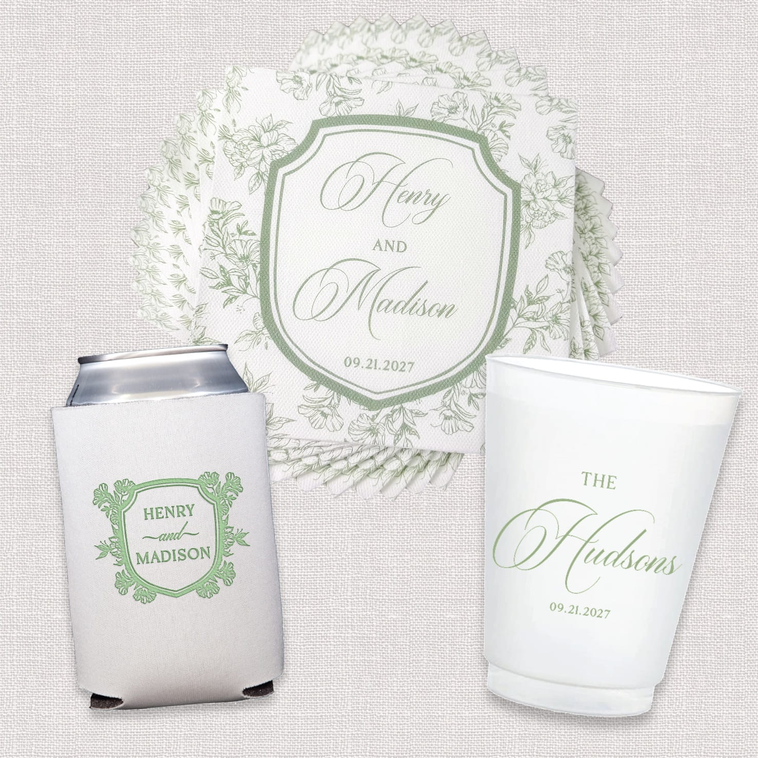 Floral Toile Signature Wedding Bundle - cocktail napkins, shatterproof cups and can coolers main photo