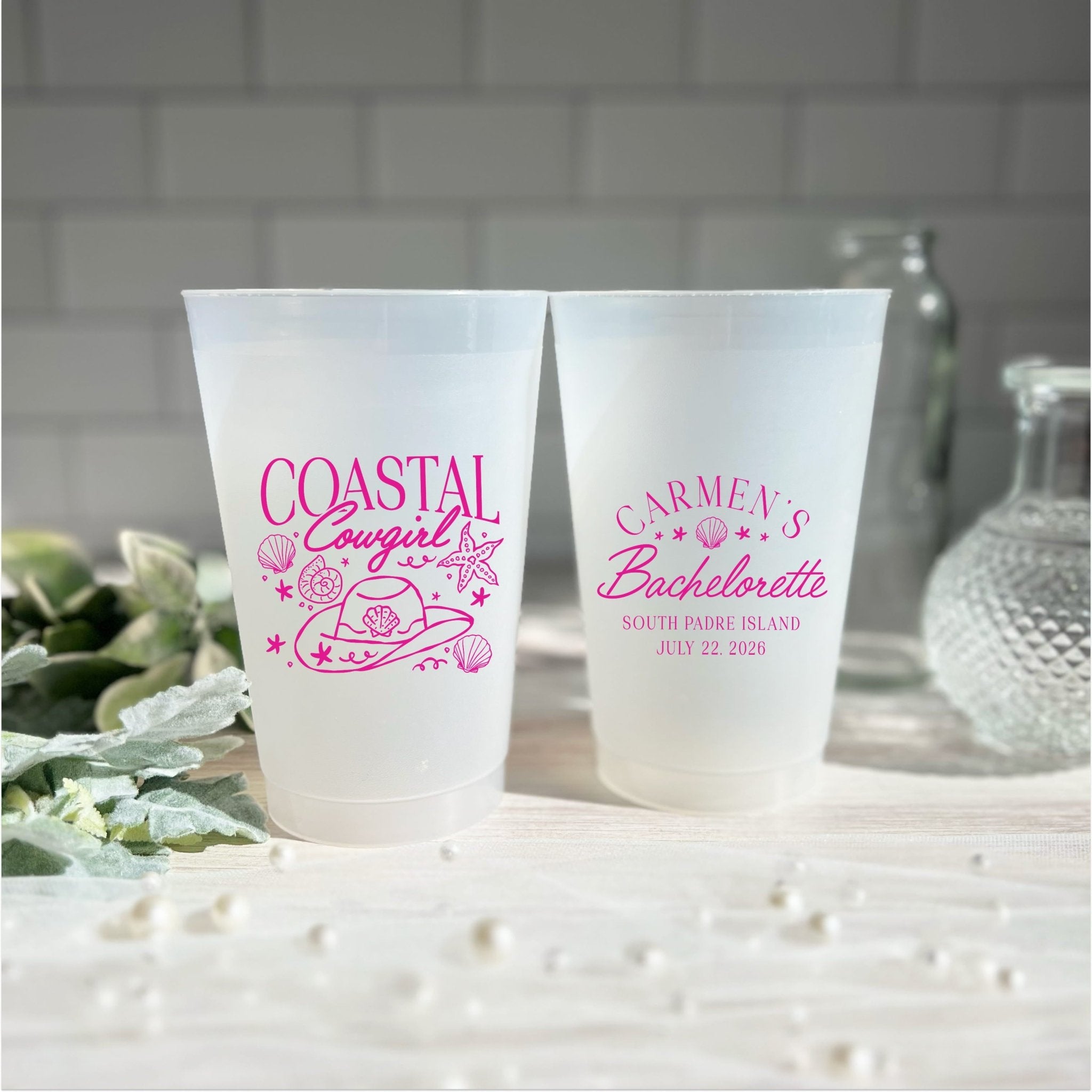 Coastal Cowgirl bachelorette cups in hot pink ink with seashell and cowboy hat design