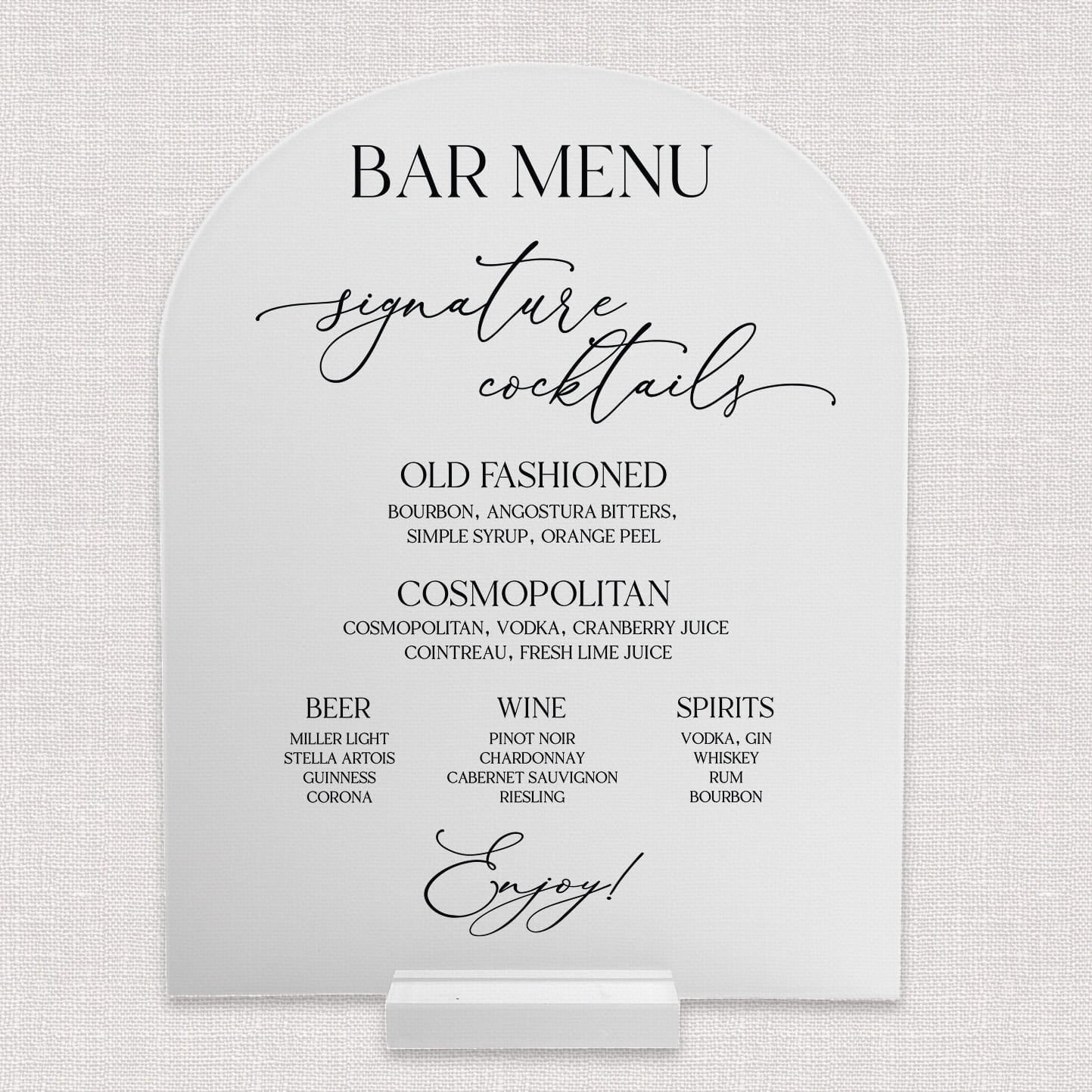 Product photo of an 8x10 personalized frosted acrylic arch bar menu from The Elegant Last Name Complete Wedding Bar Suite, featuring signature cocktails, beer, wine, and spirits.