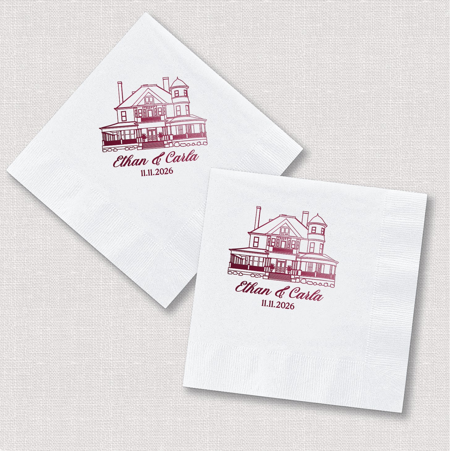 Personalized cocktail napkins in square and diamond orientation showing venue sketch hand-drawn wedding design