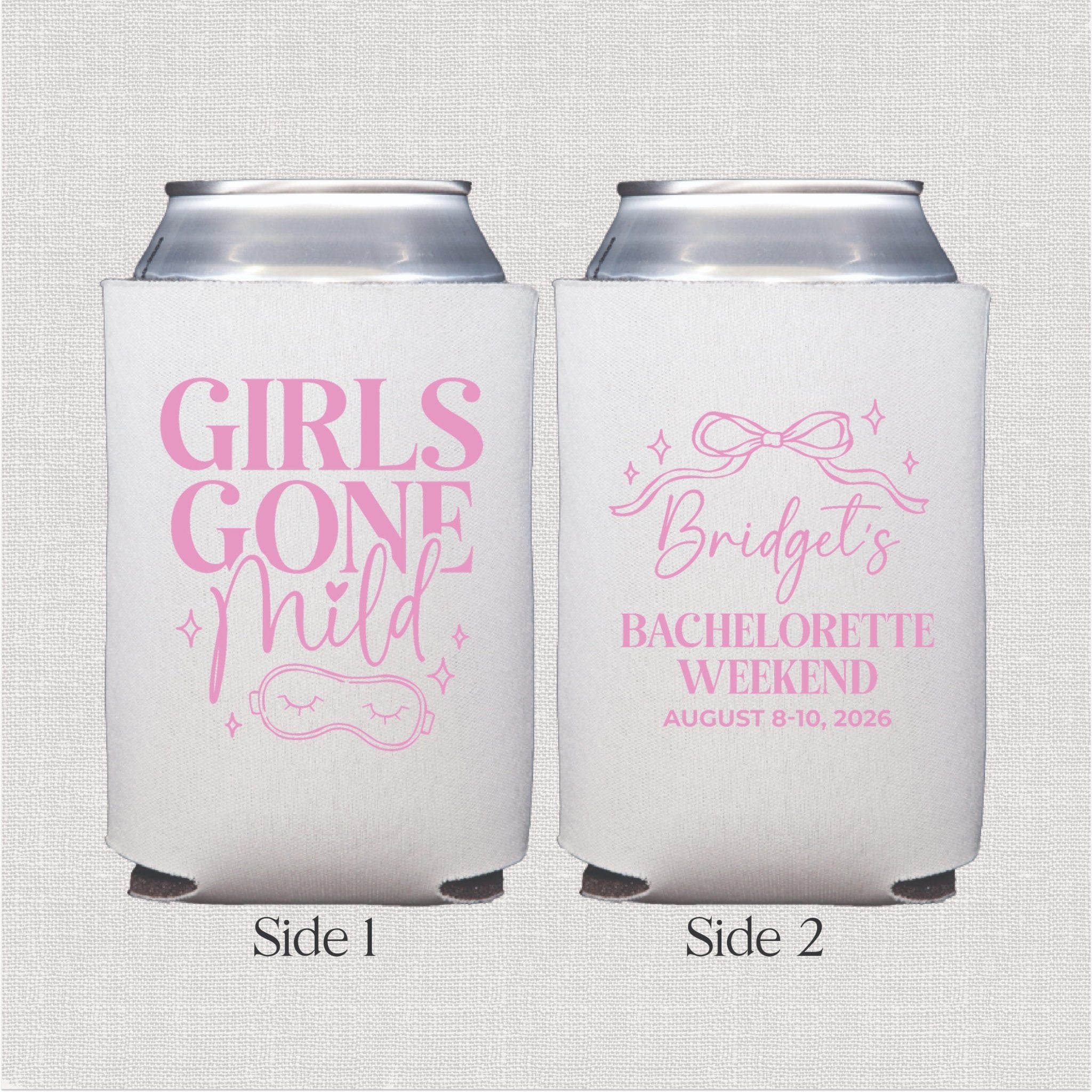 Girls Gone Mild bachelorette can cooler design close-up, front and back