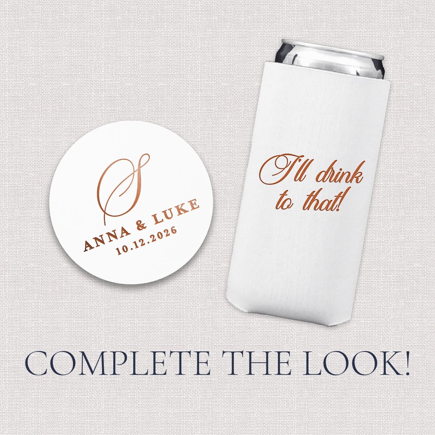 Optional add-on accessories for the Classic Monogram Wedding Bundle, featuring a slim can cooler and a round coaster with a classic monogram design to complete the wedding weekend look.