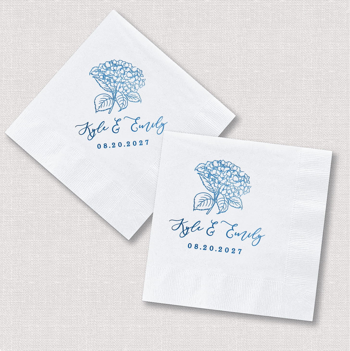 Personalized wedding items from the Hydrangea bundle arranged in a square and diamond layout, showcasing the floral design across the cocktail napkin, cup, and can cooler.