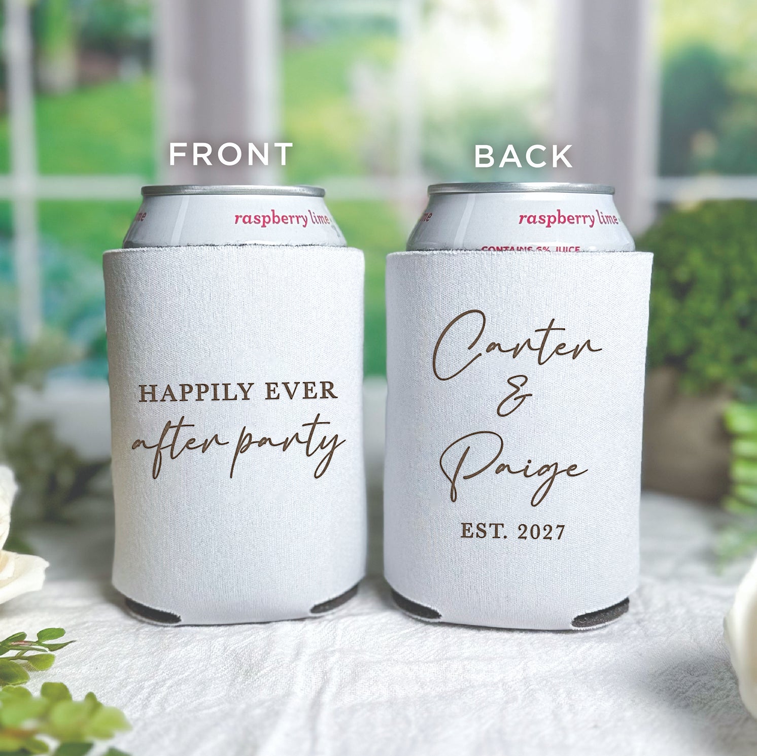 Personalized standard can coolers with happily ever after party design showing couple's names and wedding date