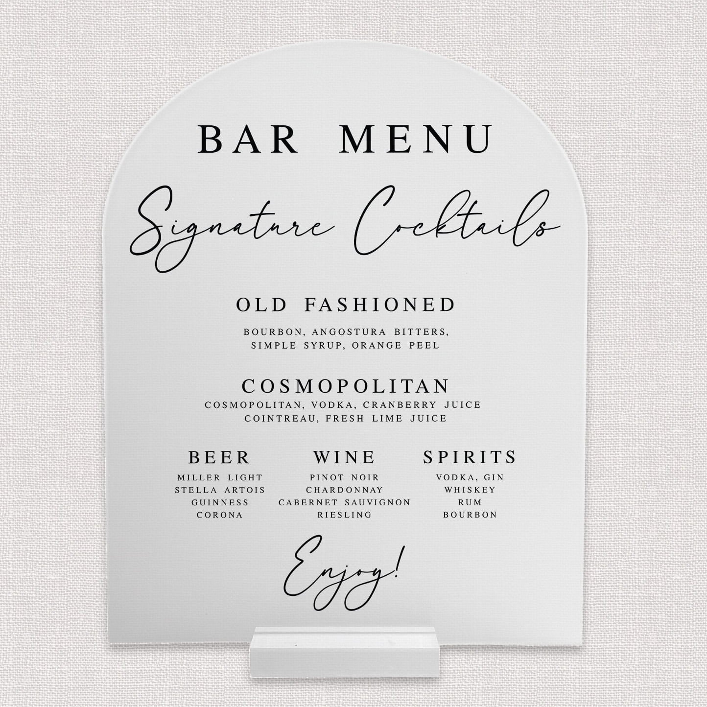 Custom Pet Cheers 8x10 frosted acrylic arch bar menu — personalized pet wedding bar sign