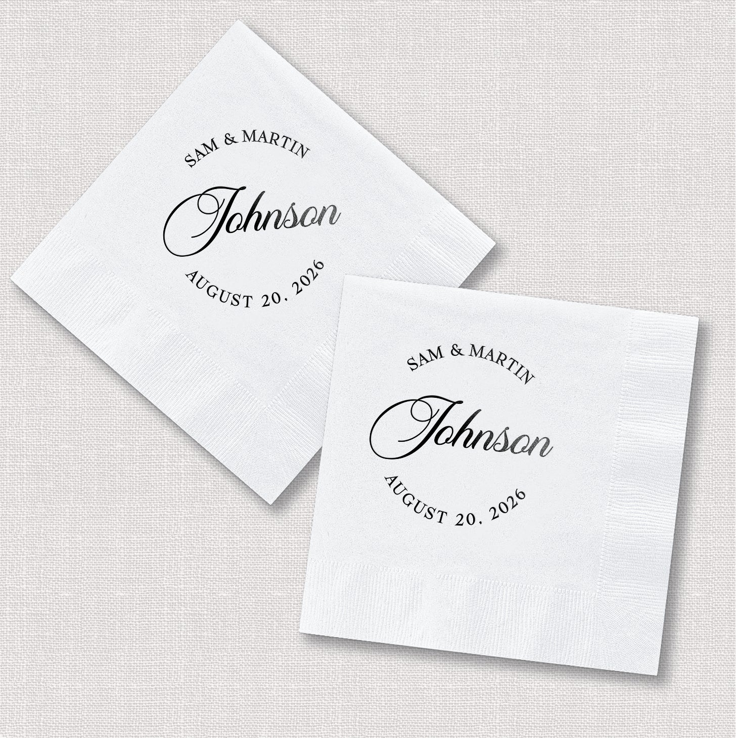 Personalized cocktail napkins in square and diamond orientation showing modern monogram wedding design