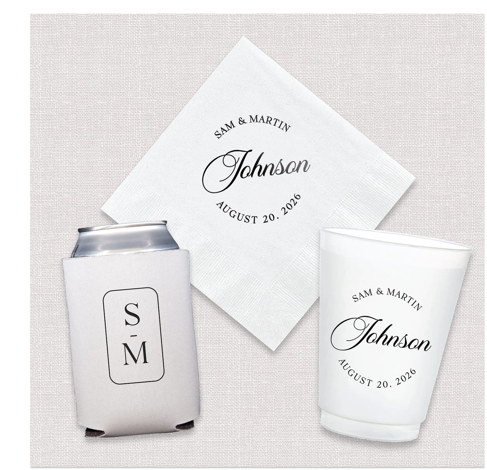 Modern Monogram Wedding Signature Bundle - cocktail napkins, shatterproof cups, and can coolers displayed together