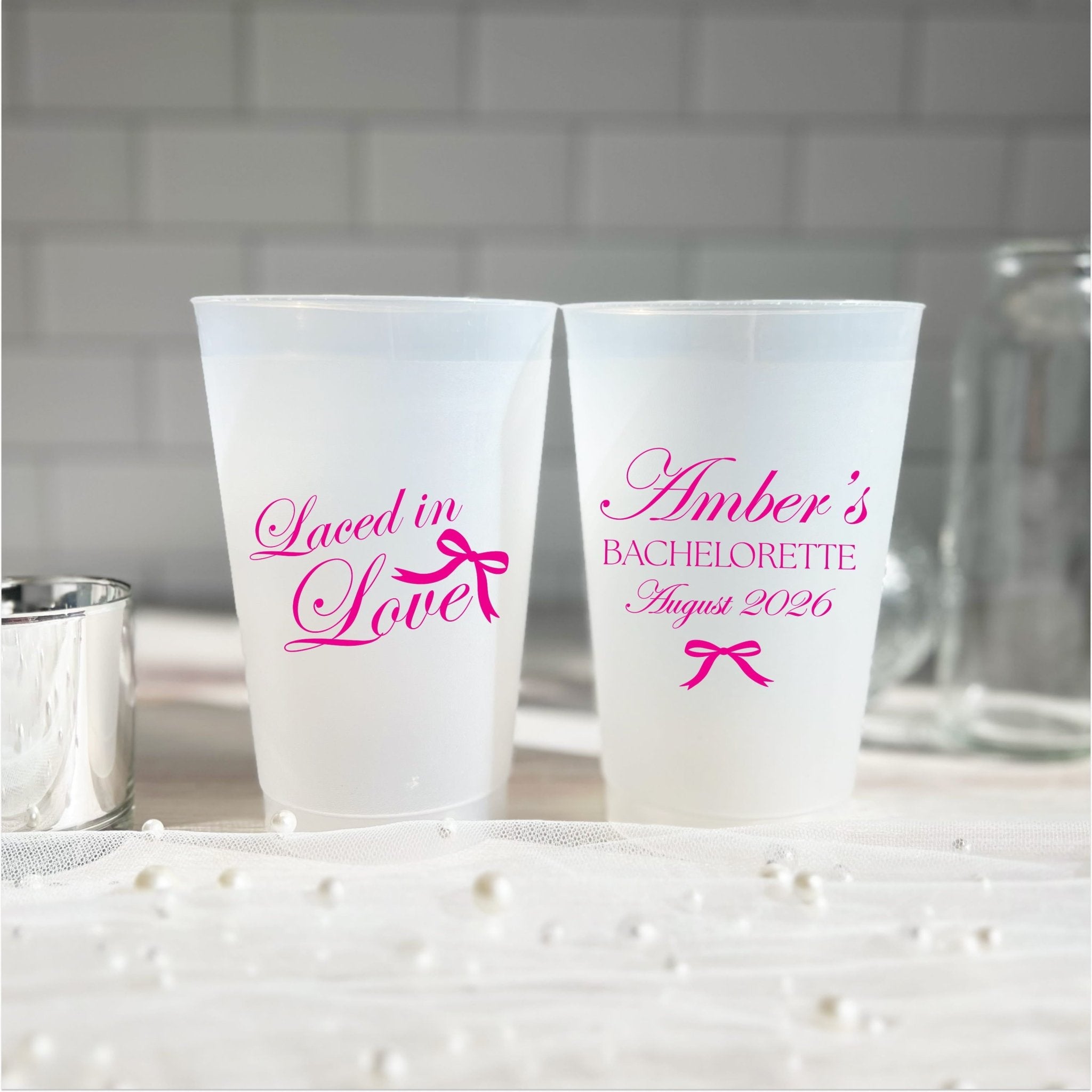Laced in Love bachelorette cups design close-up, front and back