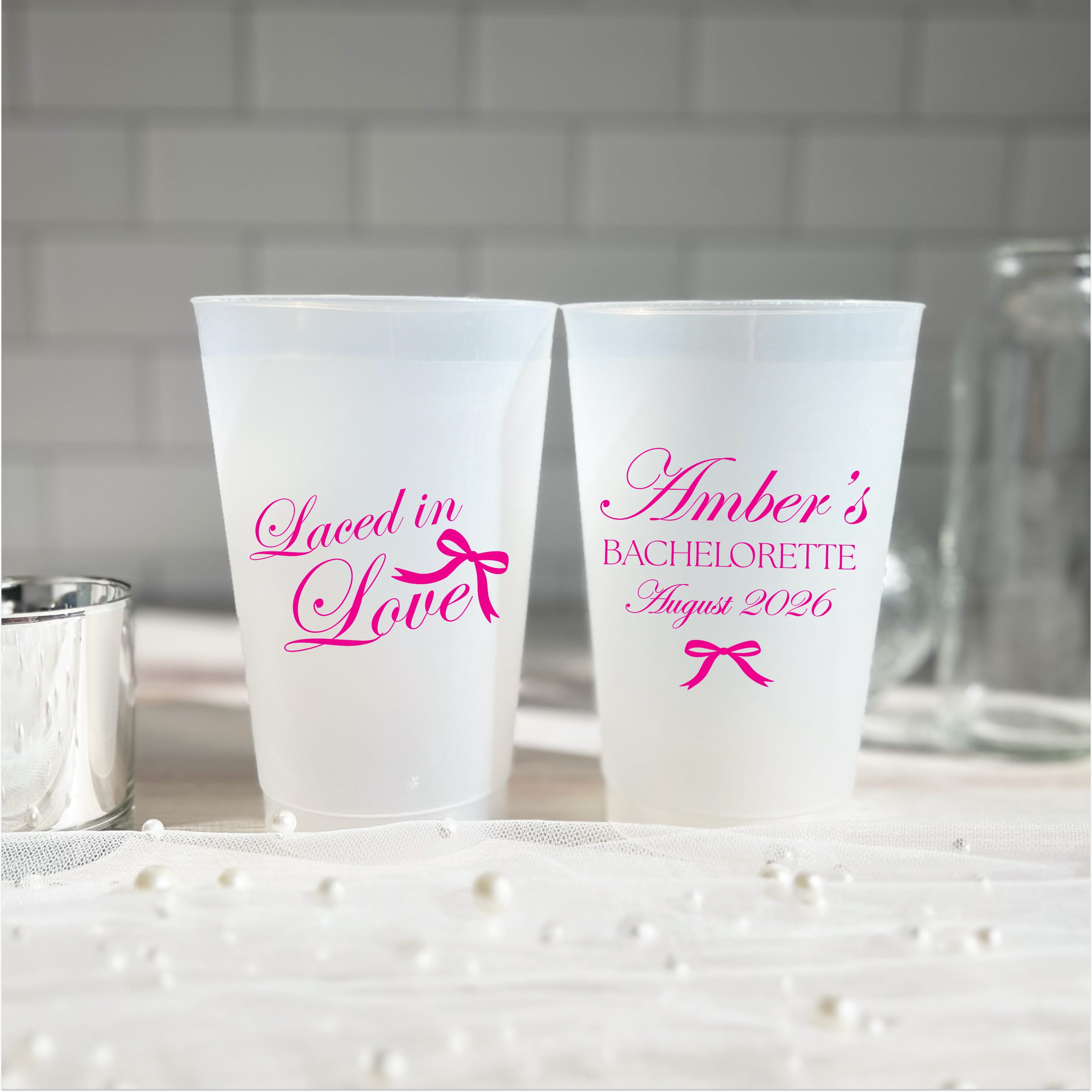 Laced in Love bachelorette cups design close-up, front and back