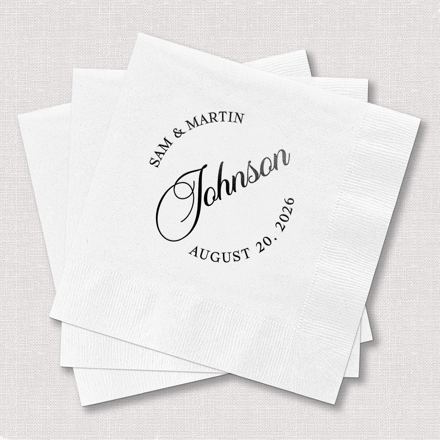 Modern Monogram wedding cocktail napkins - web product photo showing foil-stamped monogram design