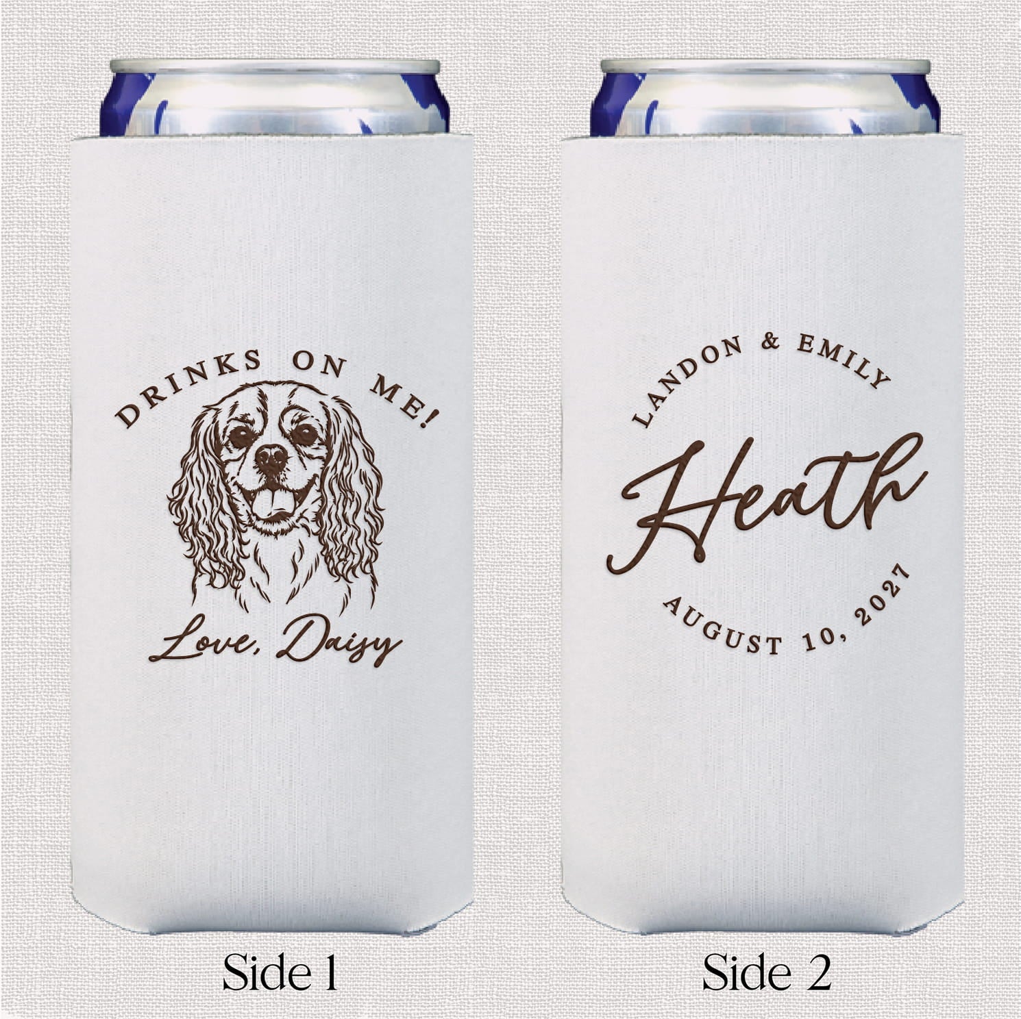 Drinks on Me slim neoprene can coolers — personalized pet wedding slim can coolers