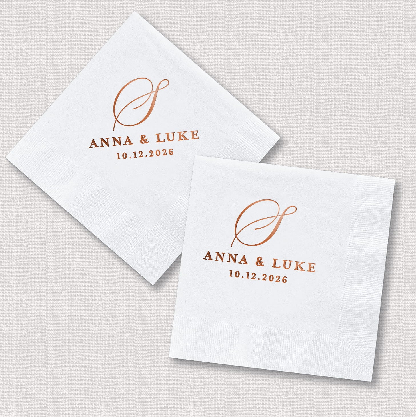 Personalized wedding items from the Classic Monogram bundle arranged in a square and diamond layout, showcasing the monogram design across the cocktail napkin, cup, and can cooler.