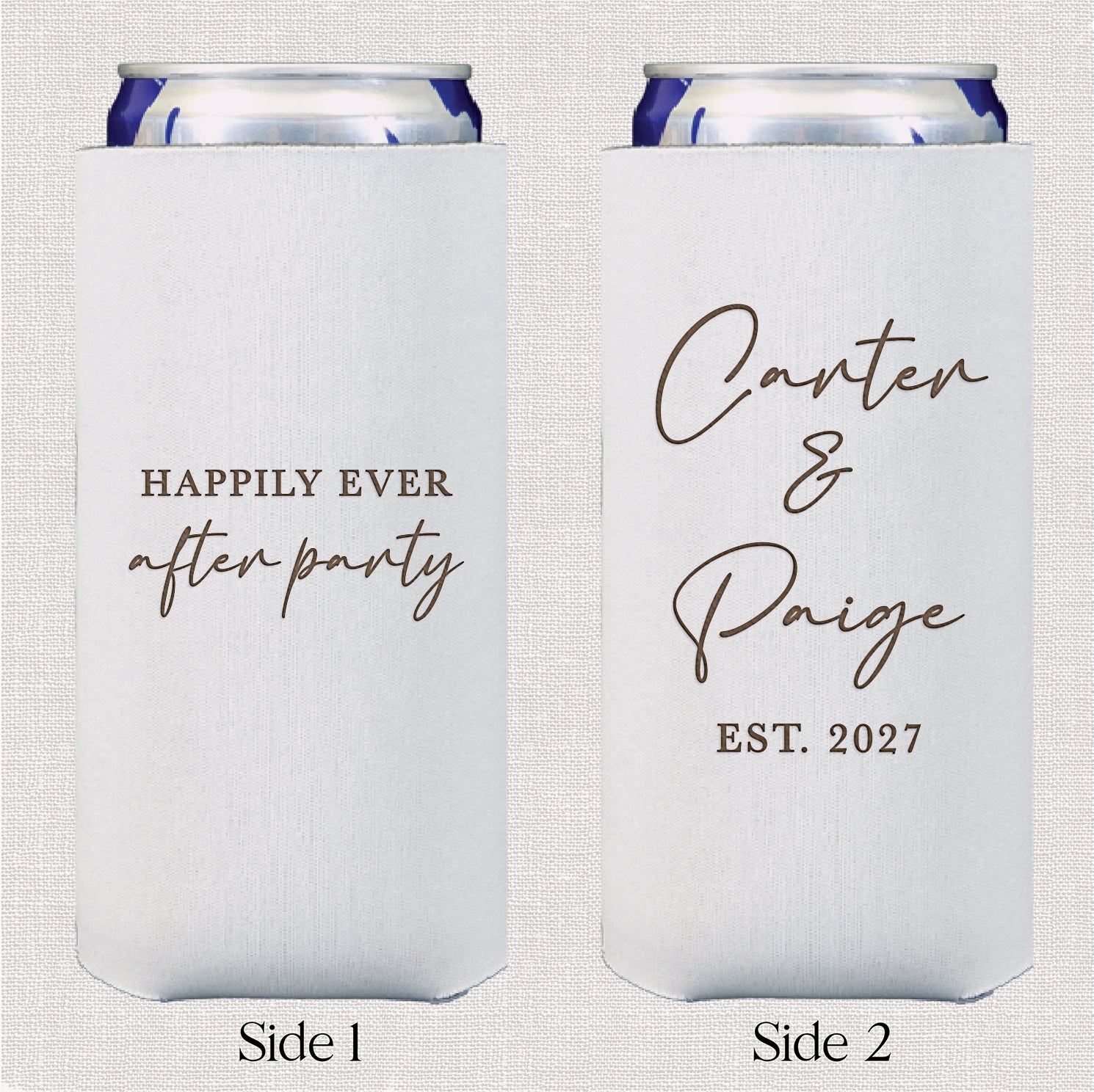 Personalized slim can coolers with happily ever after wedding design displayed upright