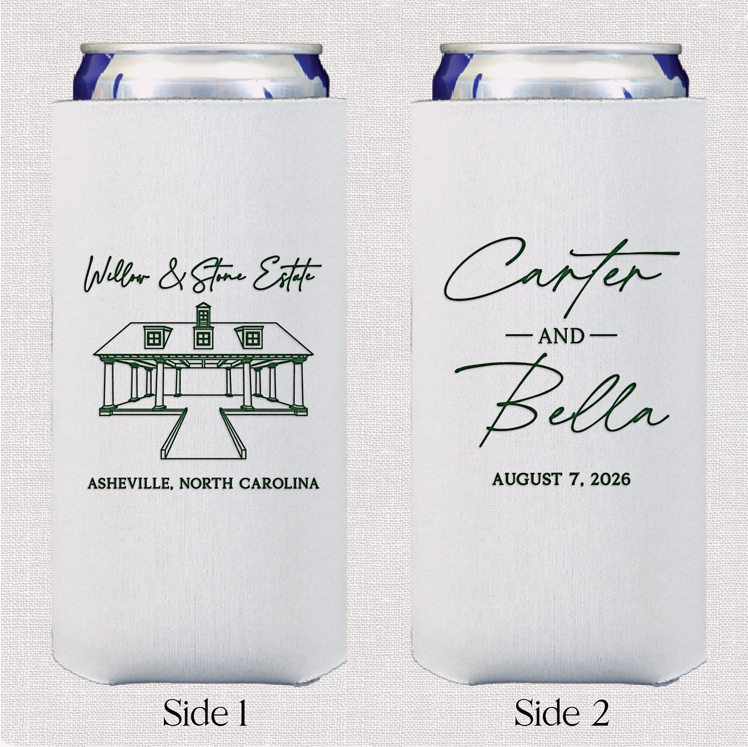 Personalized slim can coolers with venue stacked names wedding design displayed upright