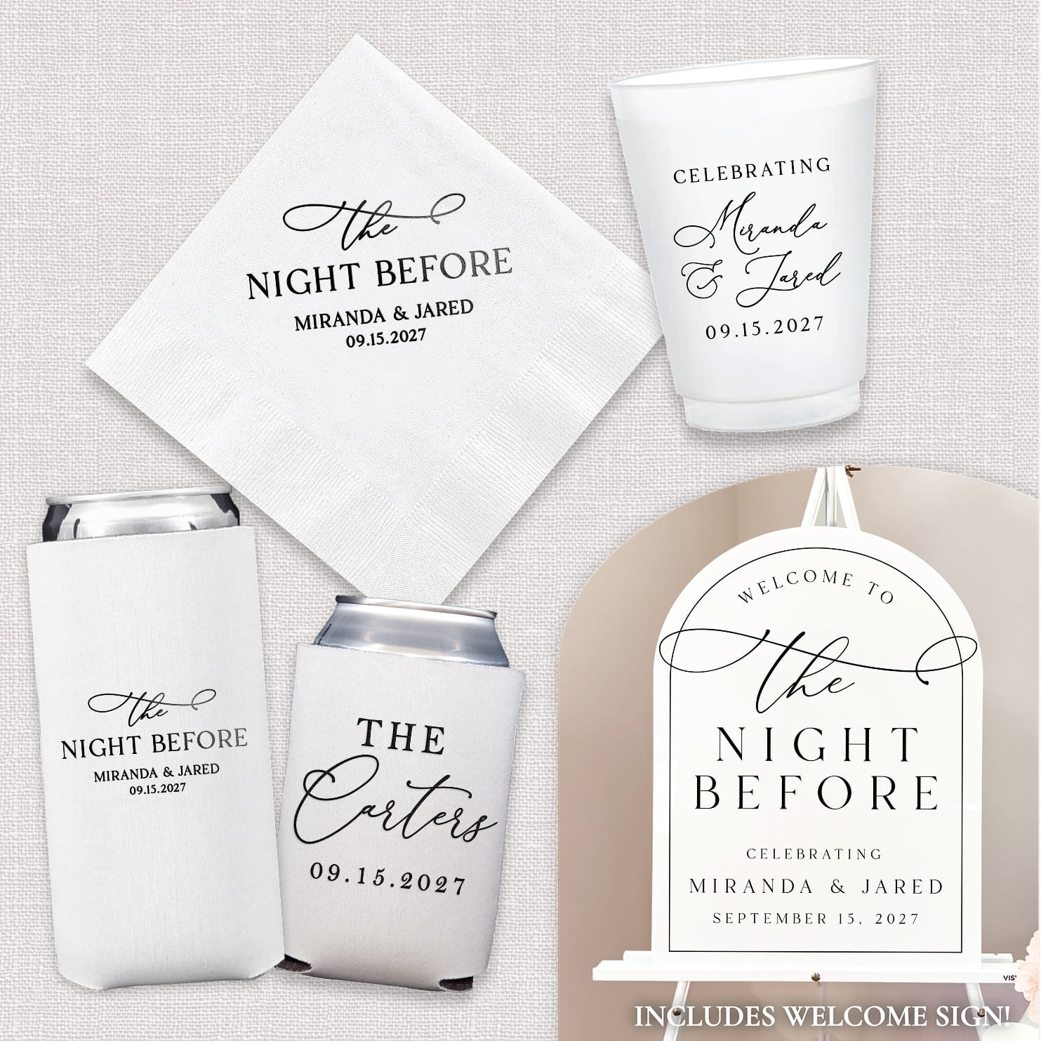 The Night Before Luxe Wedding Bundle — complete bar suite with cocktail napkins, frosted cups, can coolers, and acrylic bar menu