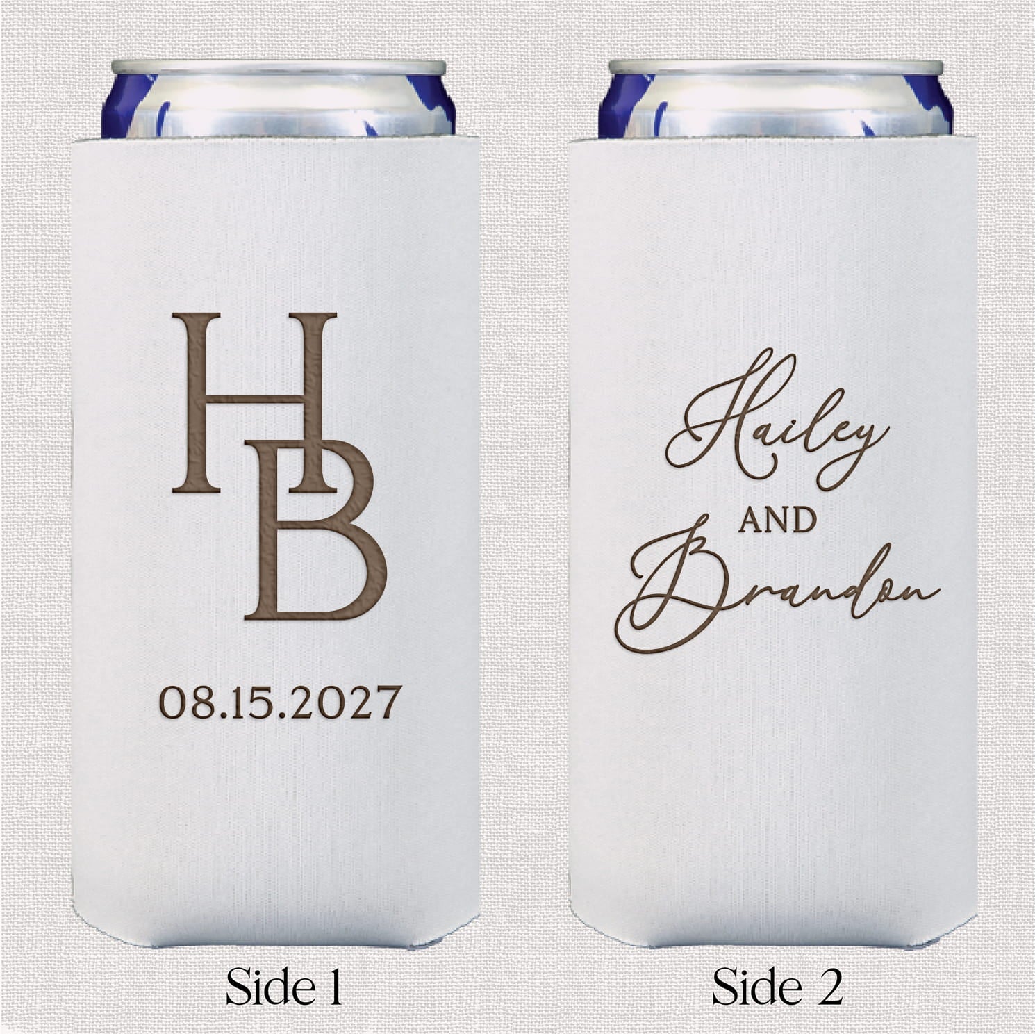 Modern initial slim neoprene can coolers — personalized wedding bar