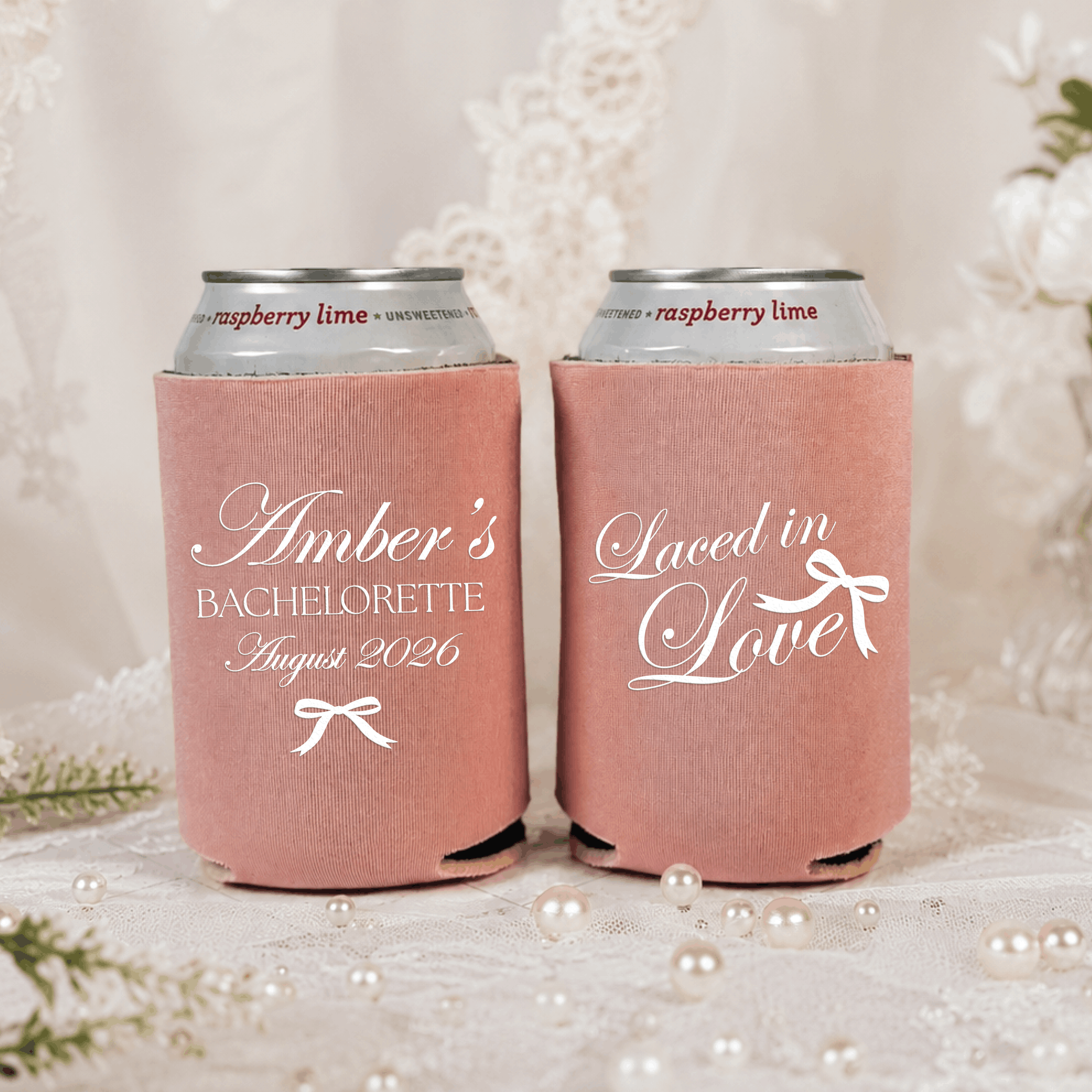 Laced in Love bachelorette can cooler in burgundy with blush pink script design, lace and pearl styling