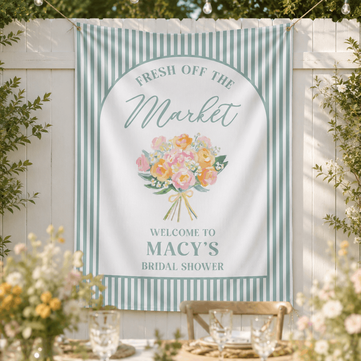 Personalized Fresh Off the Market bachelorette party tapestry banner - Design 5, custom name and date portrait backdrop