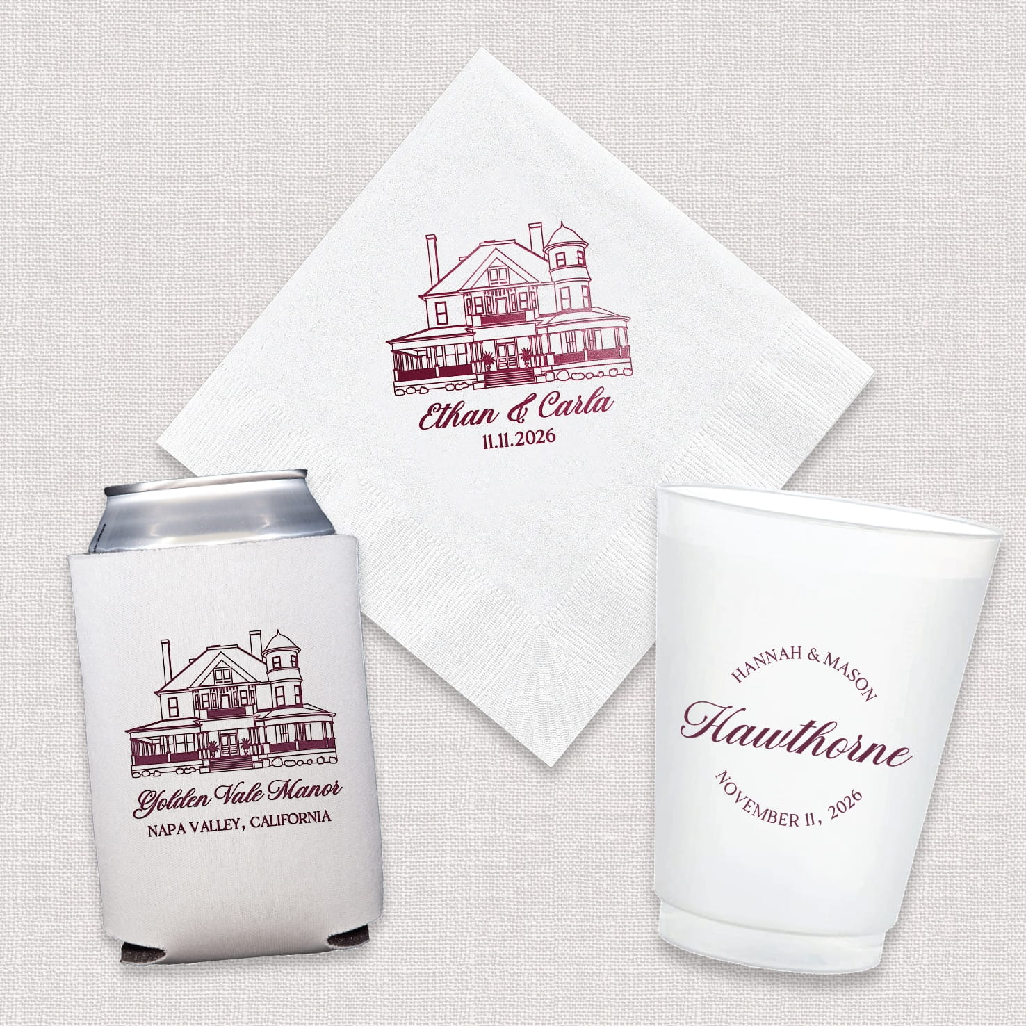 Venue Sketch Wedding Signature Bundle - cocktail napkins, shatterproof cups, and can coolers displayed together