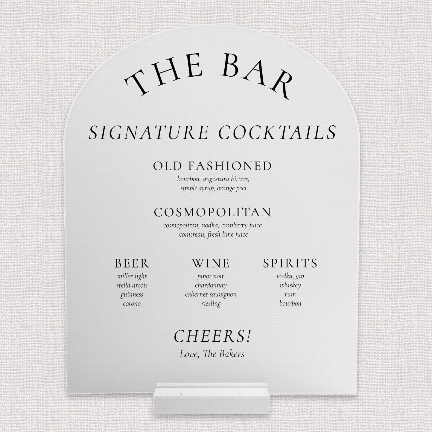 Venue Initials 8x10 frosted acrylic arch bar menu — personalized wedding bar sign with venue name and couple's initials