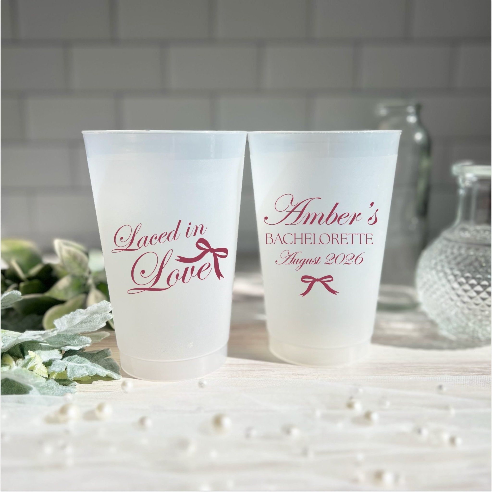 Laced in Love bachelorette party cups, personalized bachelorette favor