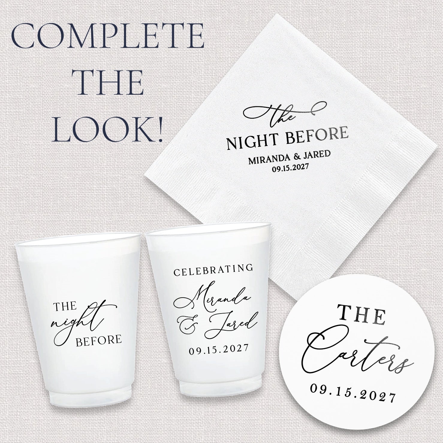 Complete the look upsell graphic showing coordinating night before wedding can coolers and accessories collection