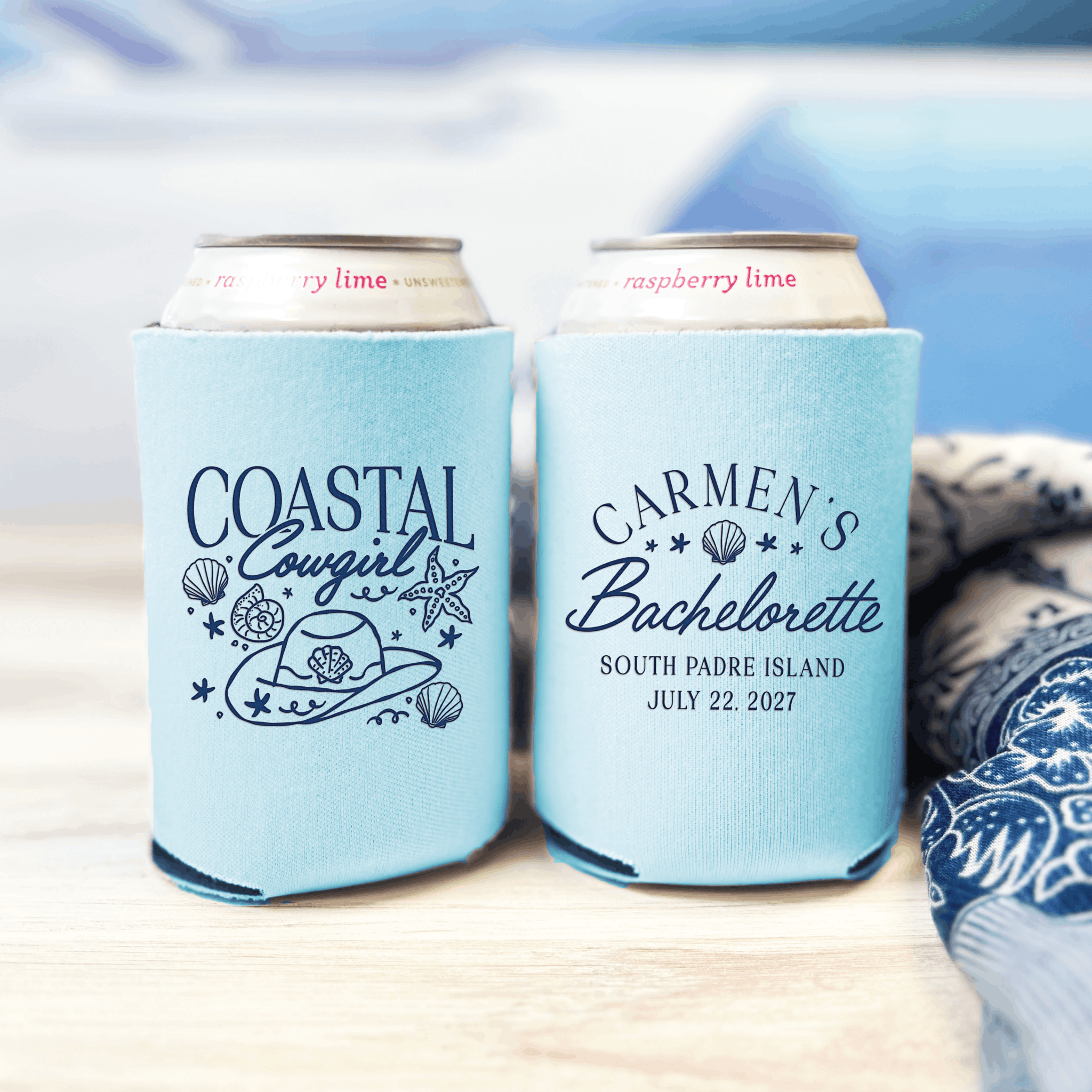Coastal Cowgirl bachelorette can cooler in light blue with cowboy hat and seashell design