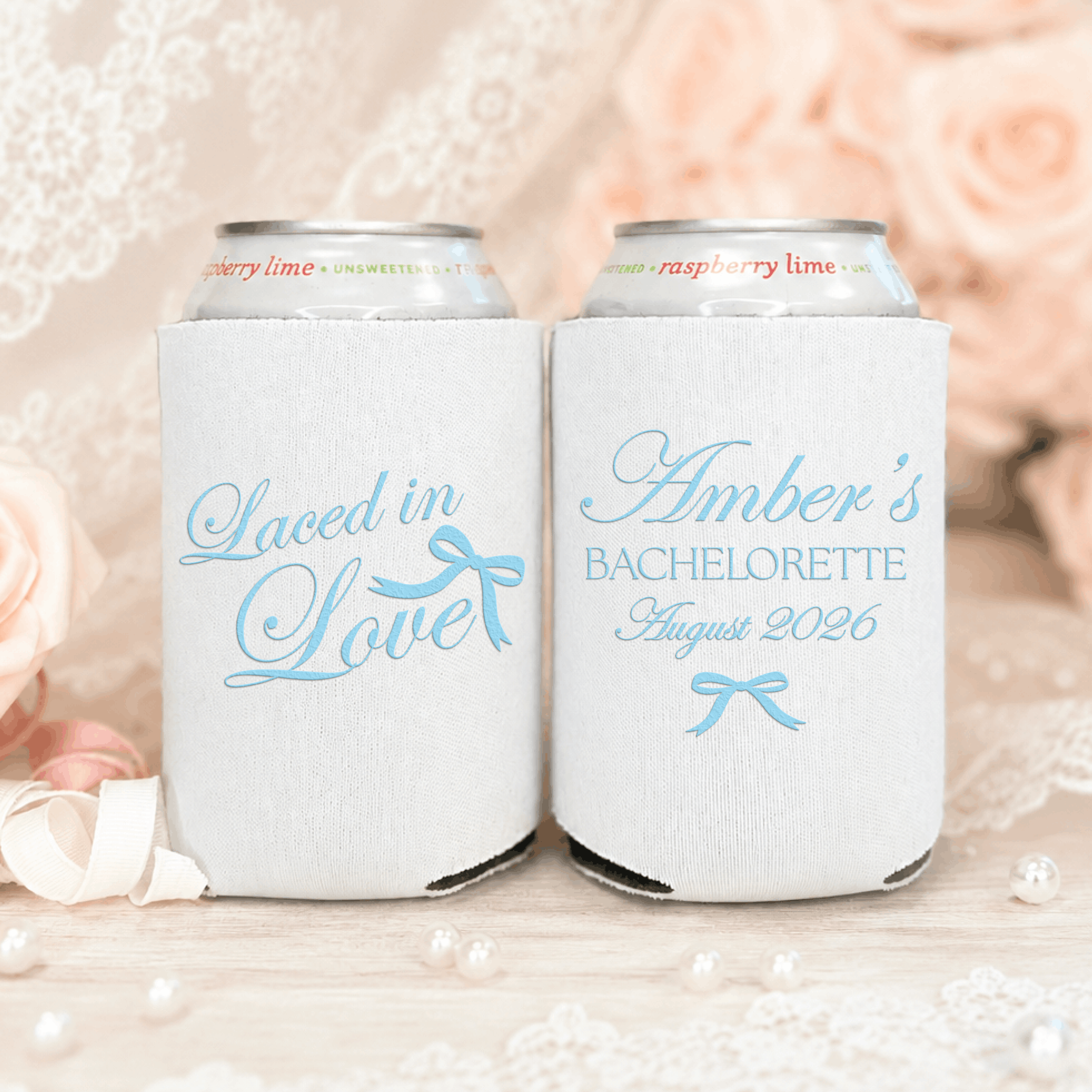 Laced in Love bachelorette can cooler, personalized bachelorette party favor