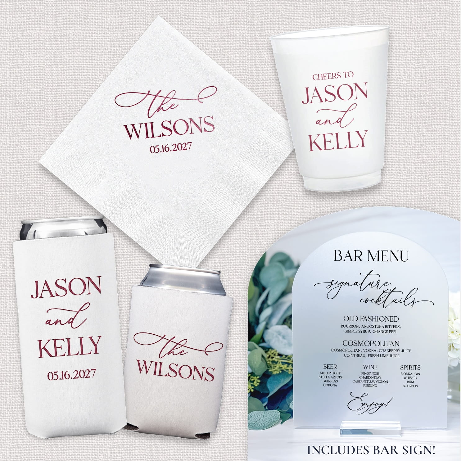 Full Elegant Last Name Wedding Bundle displayed as a complete bar suite, featuring personalized cocktail napkins, frosted shatterproof cups, standard and slim can coolers, and an acrylic arch bar menu.