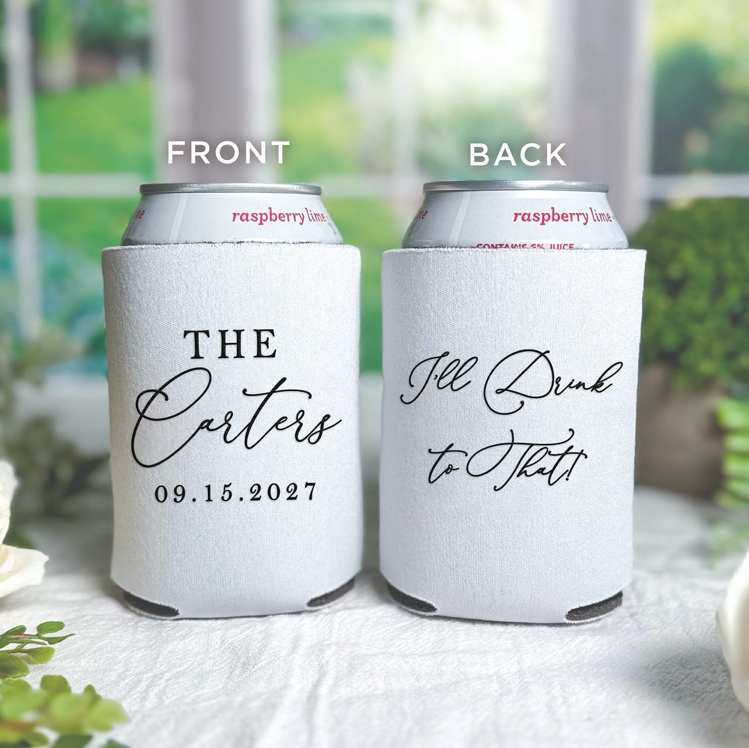Real photo of personalized standard neoprene can coolers from The Night Before Wedding Bundle, sized to fit a standard 12 oz can for rehearsal dinner and cocktail hour use.