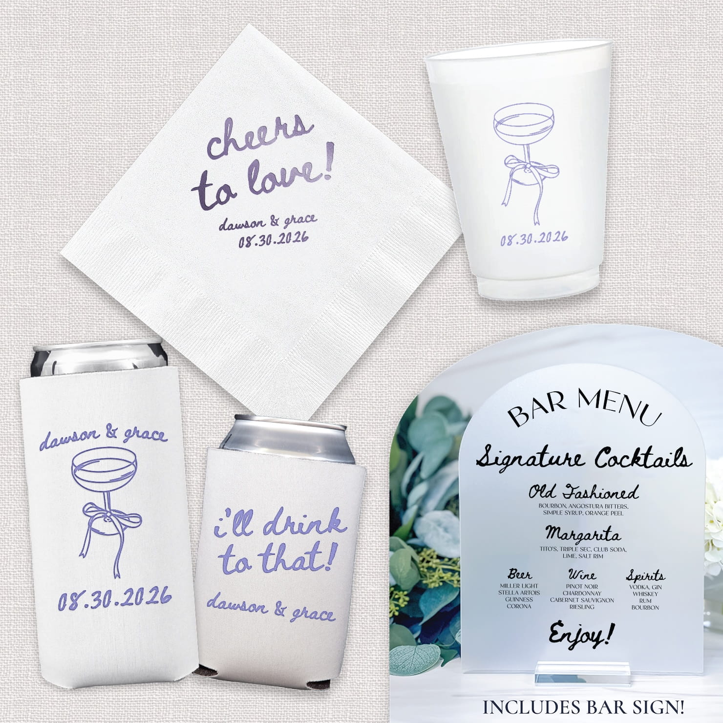 Cheers to Love Luxe Wedding Bundle — complete bar suite with cocktail napkins, frosted cups, can coolers, and acrylic bar menu