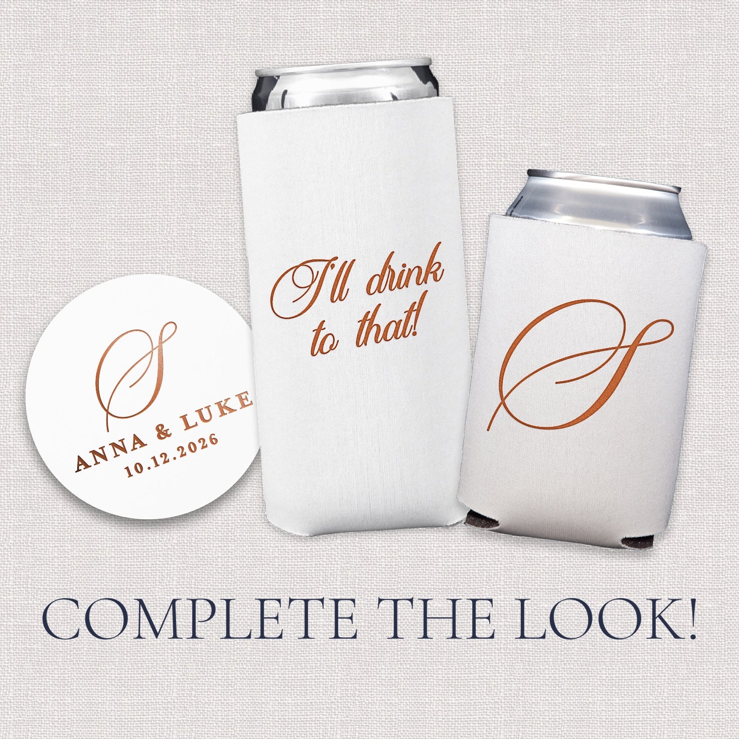 Complete the look upsell graphic showing coordinating classic monogram wedding paper goods and drinkware collection