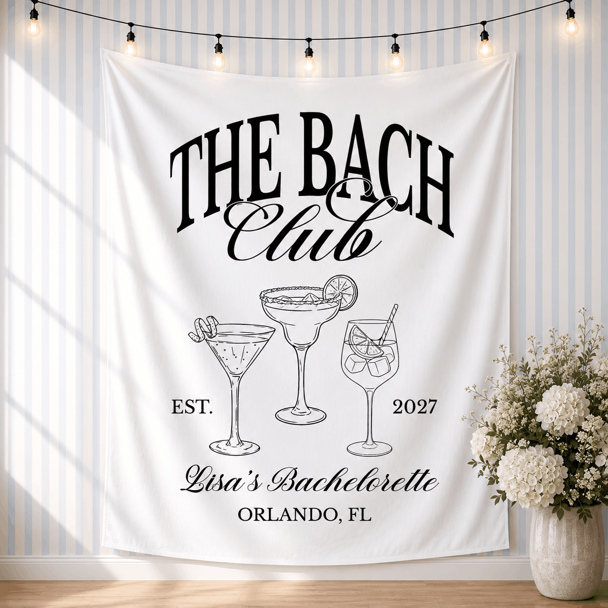 The Bach Club personalized bachelorette banner hanging in styled bach party setting