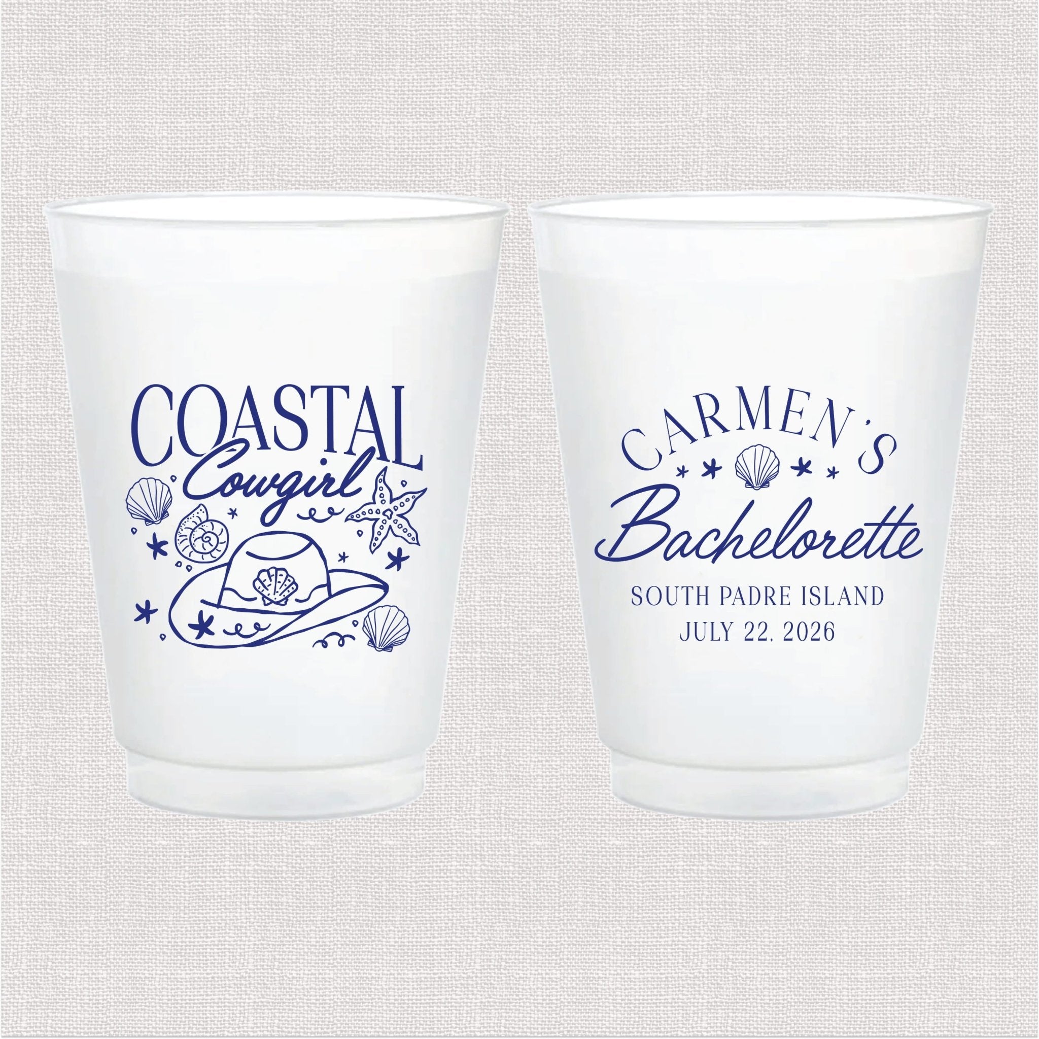 Coastal Cowgirl bachelorette cups design close-up, Side 1 and Side 2
