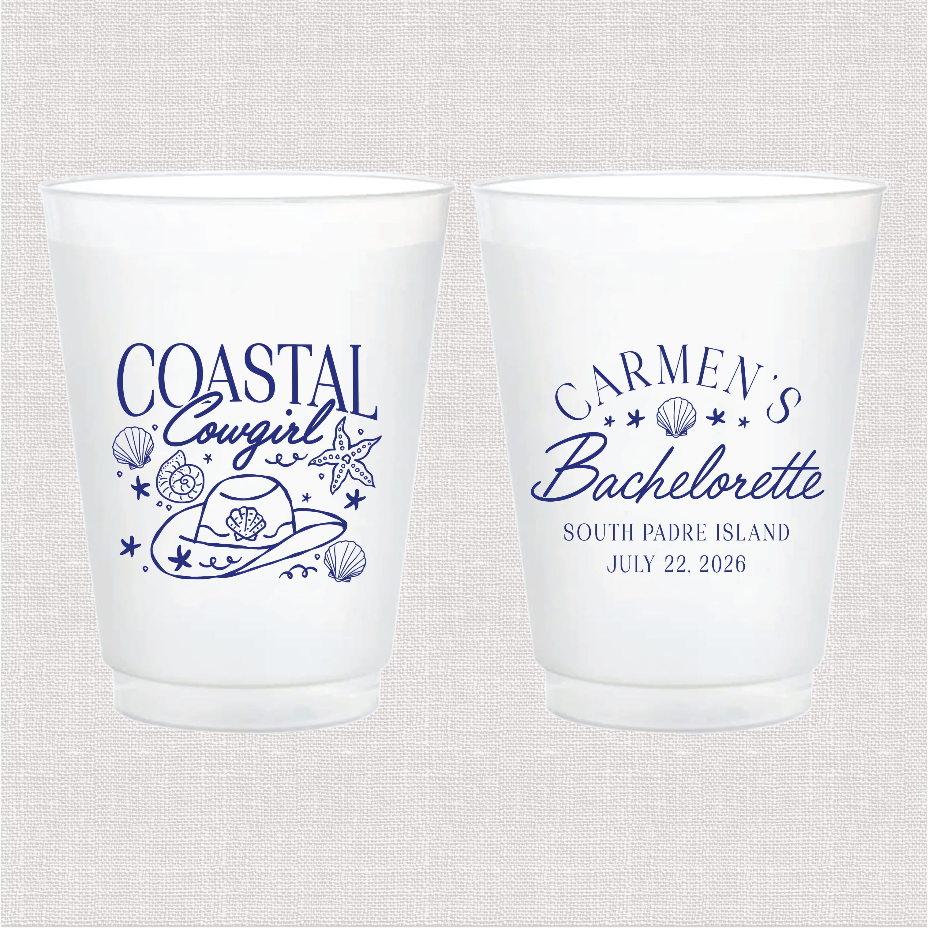 Coastal Cowgirl bachelorette cups design close-up, Side 1 and Side 2