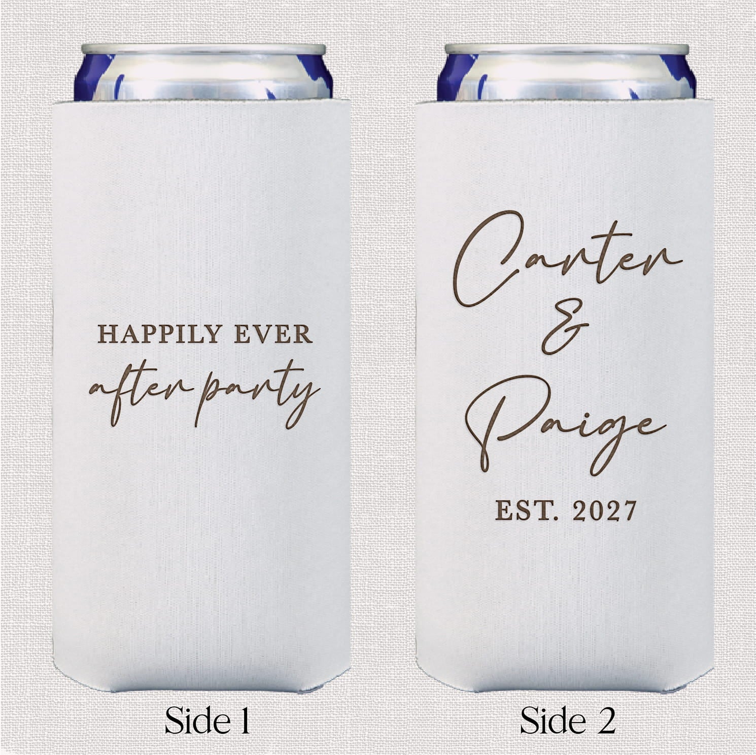 Happily Ever After slim neoprene can coolers — personalized wedding bar