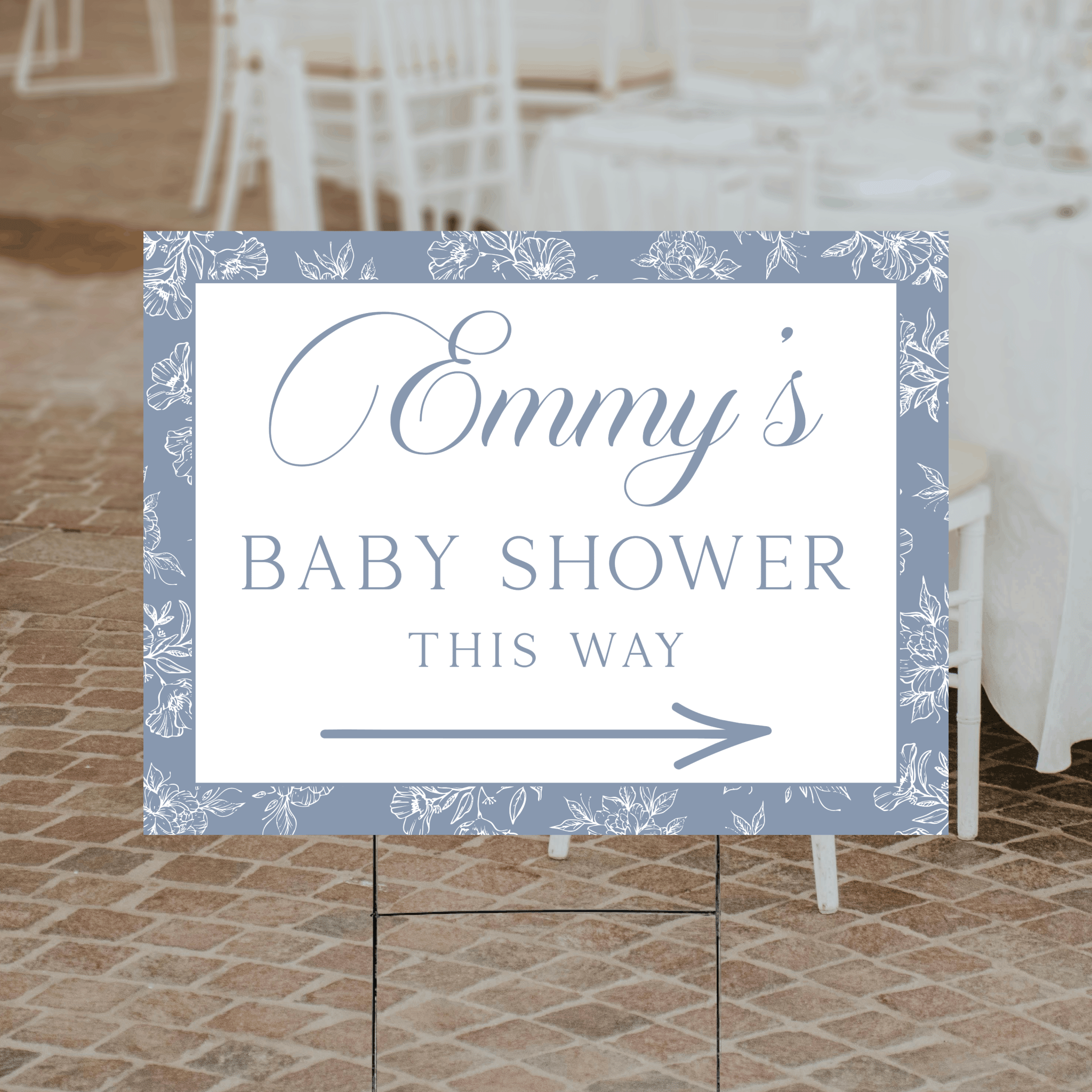 A personalized floral toile baby shower directional yard sign featuring a classic toile pattern, custom text, and choice of ink color and arrow direction, printed on corrugated plastic.