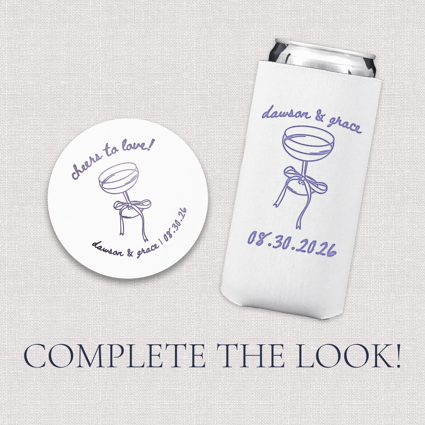 Optional add-on accessories for the Cheers to Love Wedding Bundle, featuring a slim can cooler and a round coaster with a coordinating design to complete the wedding weekend look.