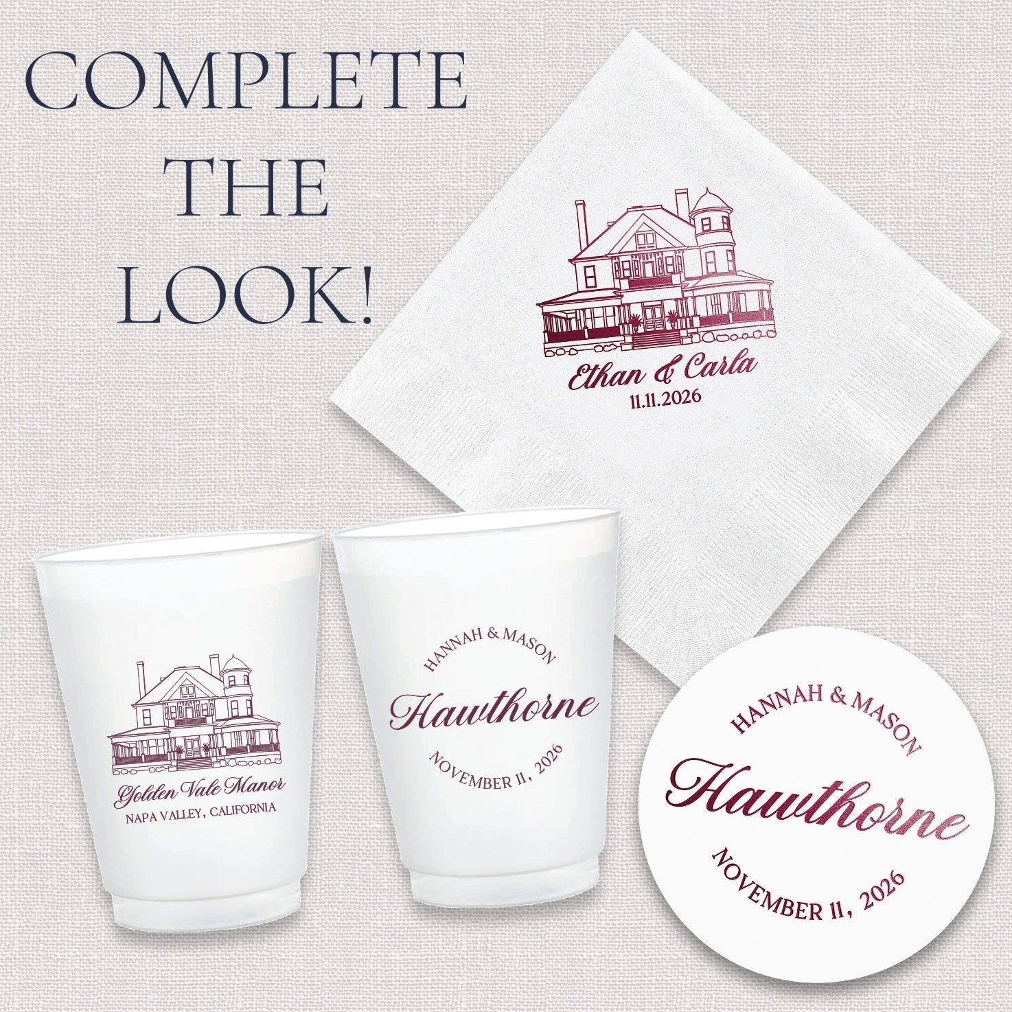 Complete the look upsell graphic showing coordinating venue sketch wedding can coolers and accessories collection