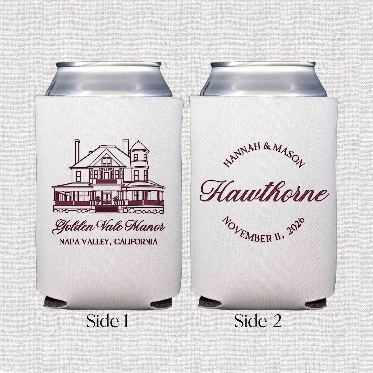 Personalized standard can coolers with venue sketch wedding design displayed upright