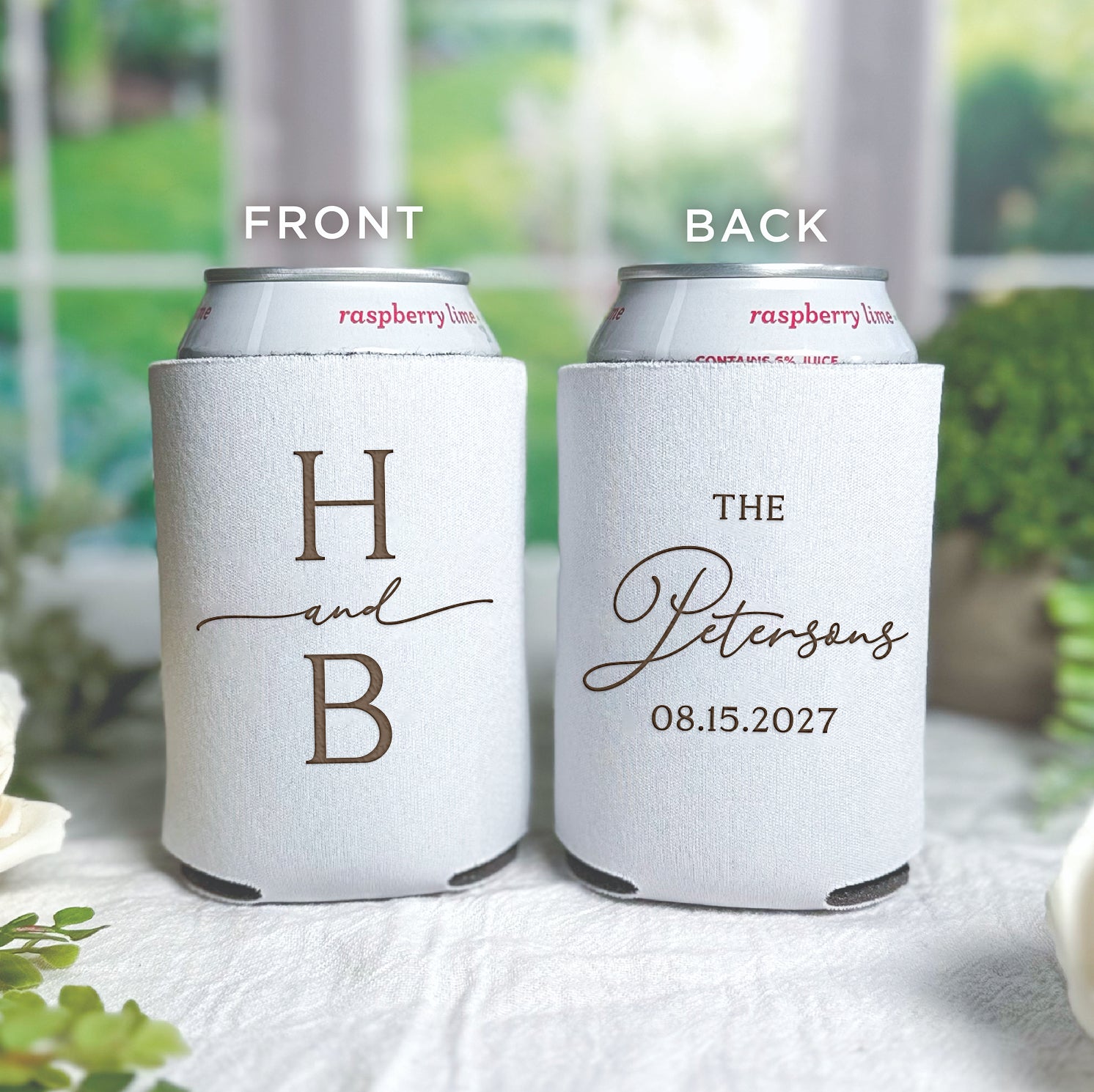 Personalized standard can coolers with modern initial design showing couple's initials and wedding date