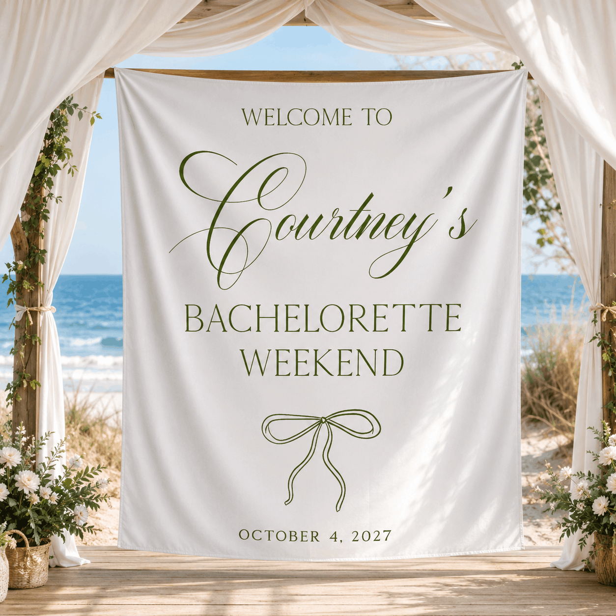 Personalized bachelorette party bow tapestry banner - Bow Design 4, custom name backdrop for bachelorette weekend