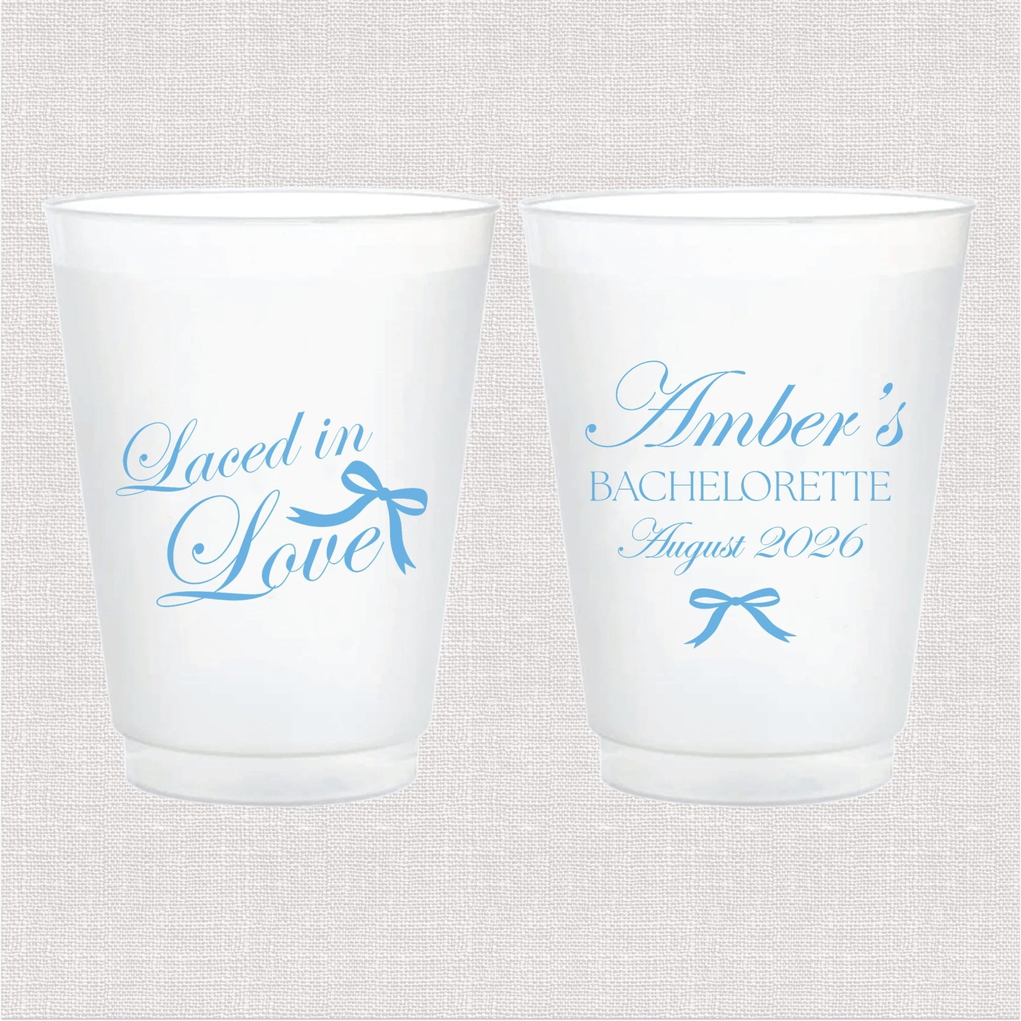 Laced in Love personalized bachelorette cups, bow design detail
