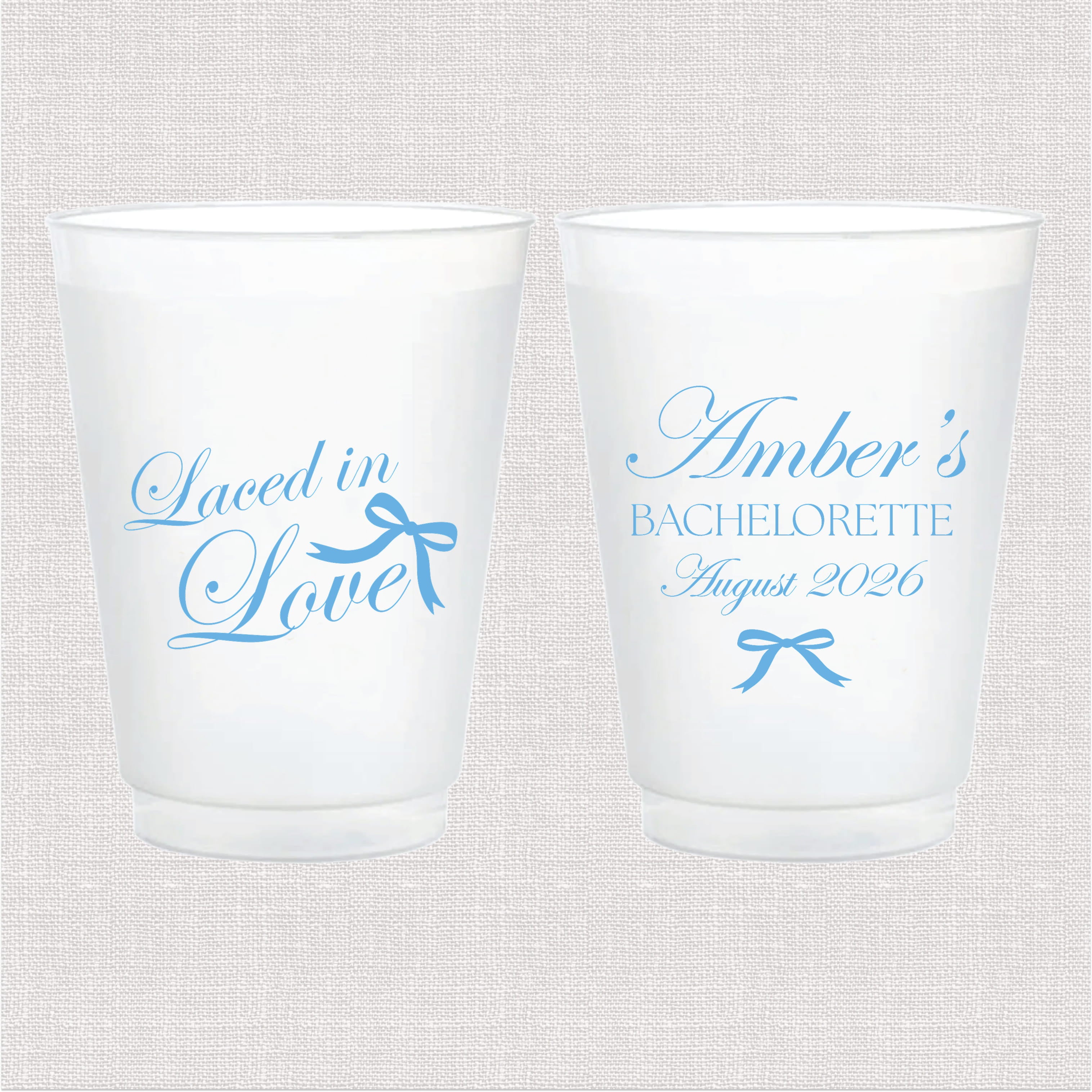 Laced in Love personalized bachelorette cups, bow design detail