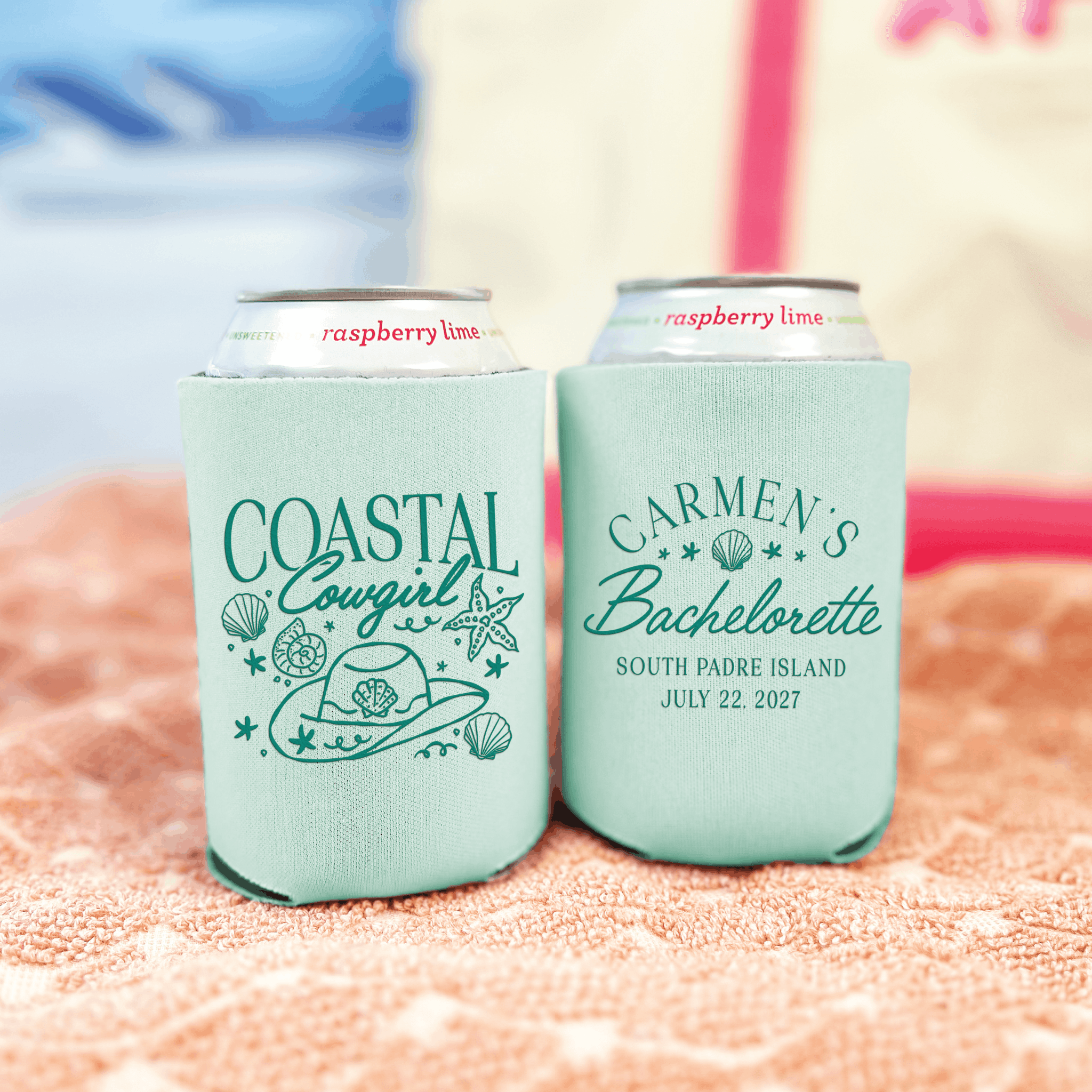 Coastal Cowgirl bachelorette can cooler in mint green on a beach towel