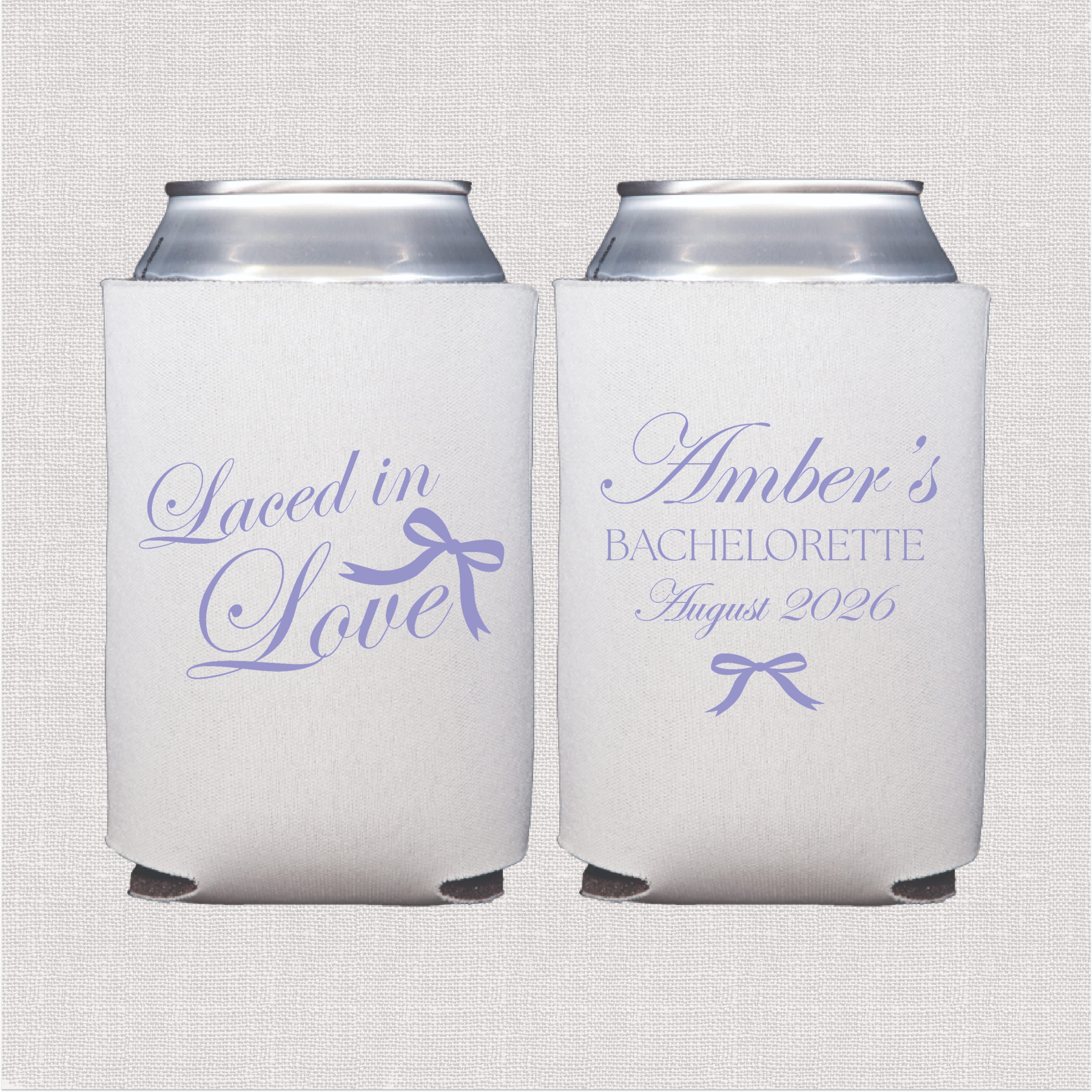 Laced in Love personalized bachelorette can cooler - front and back design on white can cooler