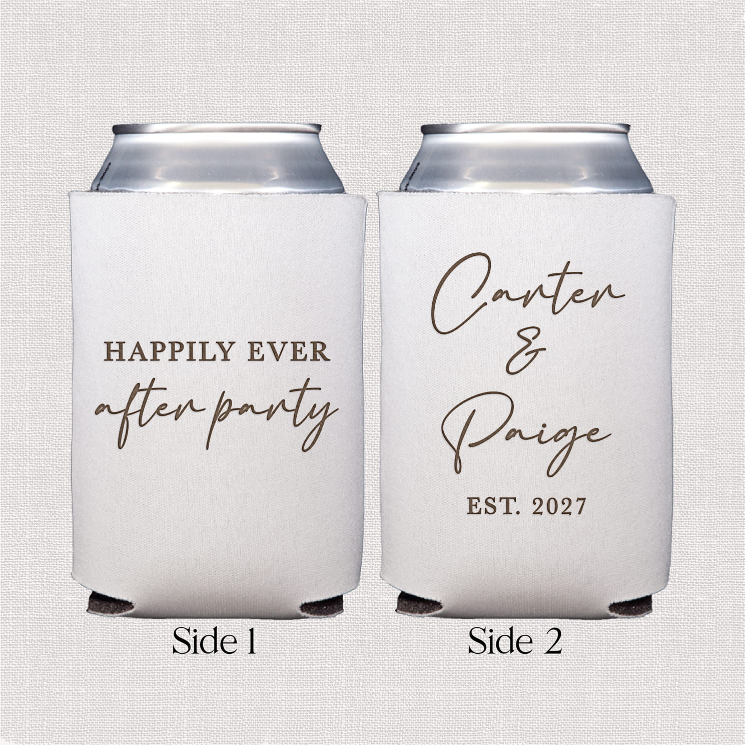 Product photo of a personalized neoprene can cooler from the Happily Ever After Wedding Bundle, featuring a coordinating design, sized to fit a standard 12 oz can.