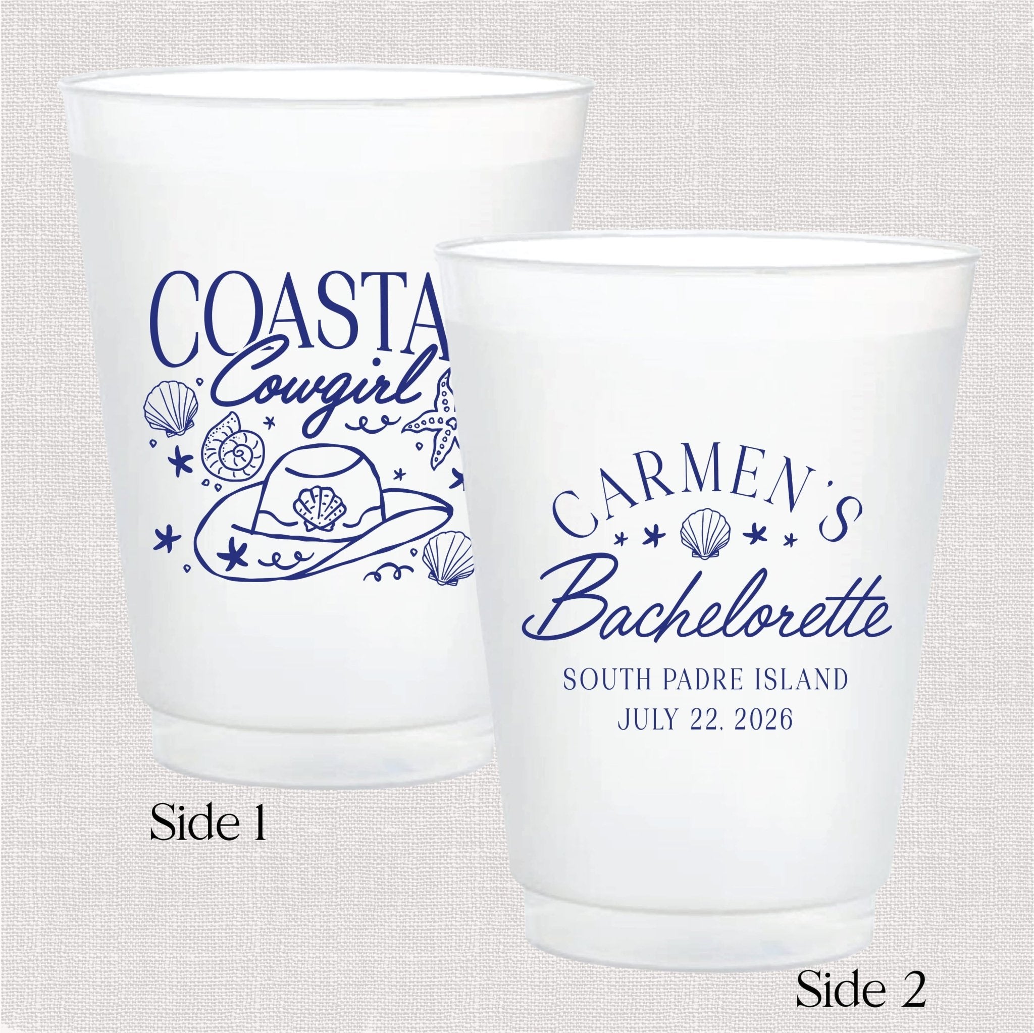 Coastal Cowgirl personalized bachelorette party cups - Side 1 and Side 2 flat lay